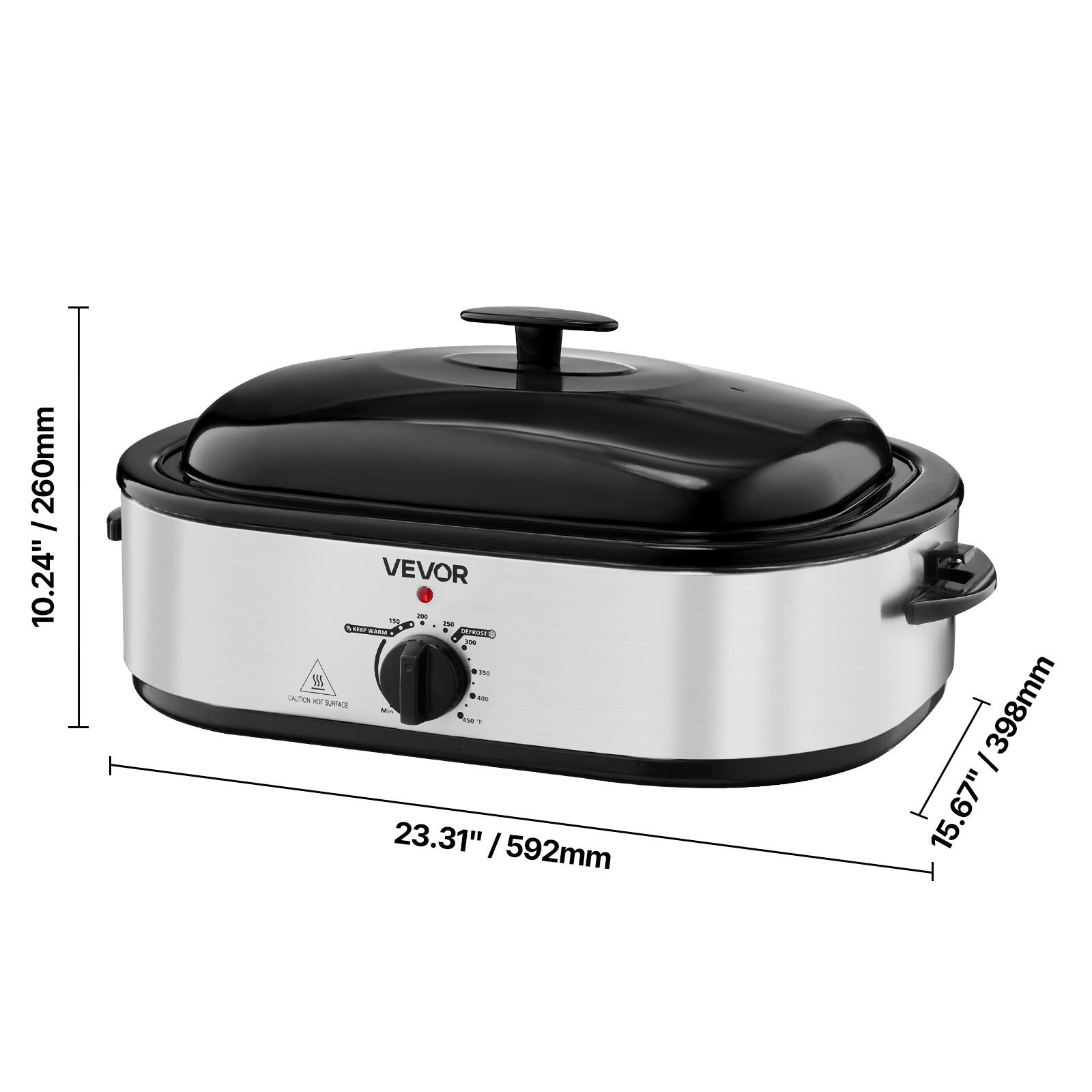 260mm / 10.24"  
VEVOR 200 750 154 BIER PA 150 M  
CAUTION Dr aut BURFACE Min CA 1 23.31" / 592mm  
398mm / 15.67"