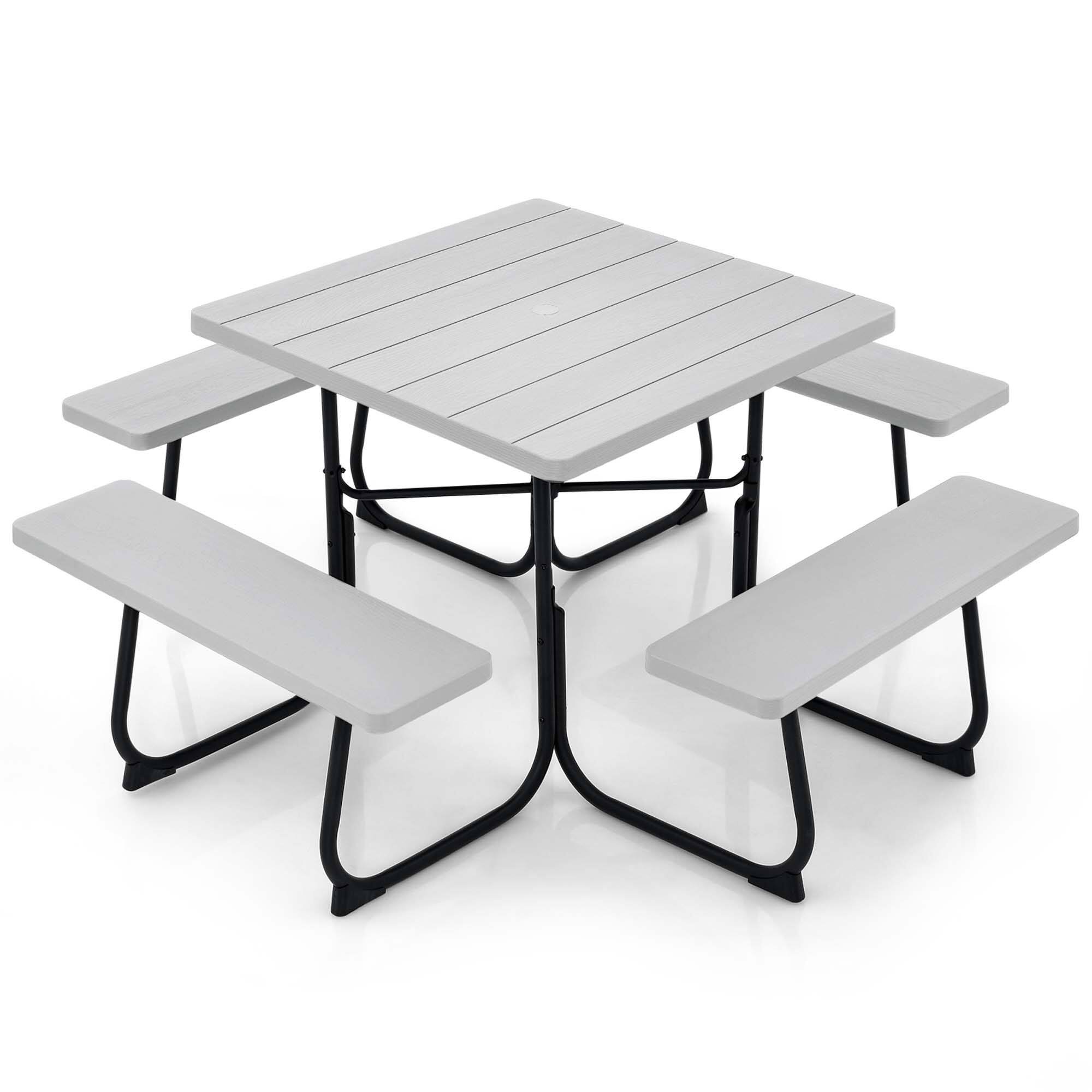 Alt View 9. Costway - Costway Outdoor 8-person Square Picnic Table Bench Set with 4 Benches & Umbrella Hole - Grey.