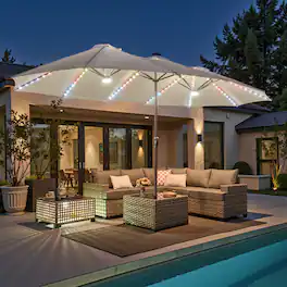Ovios - 15ft Large Patio Umbrella with Base Outdoor Market Umbrella with Color-Changing Solar LED Lights - White