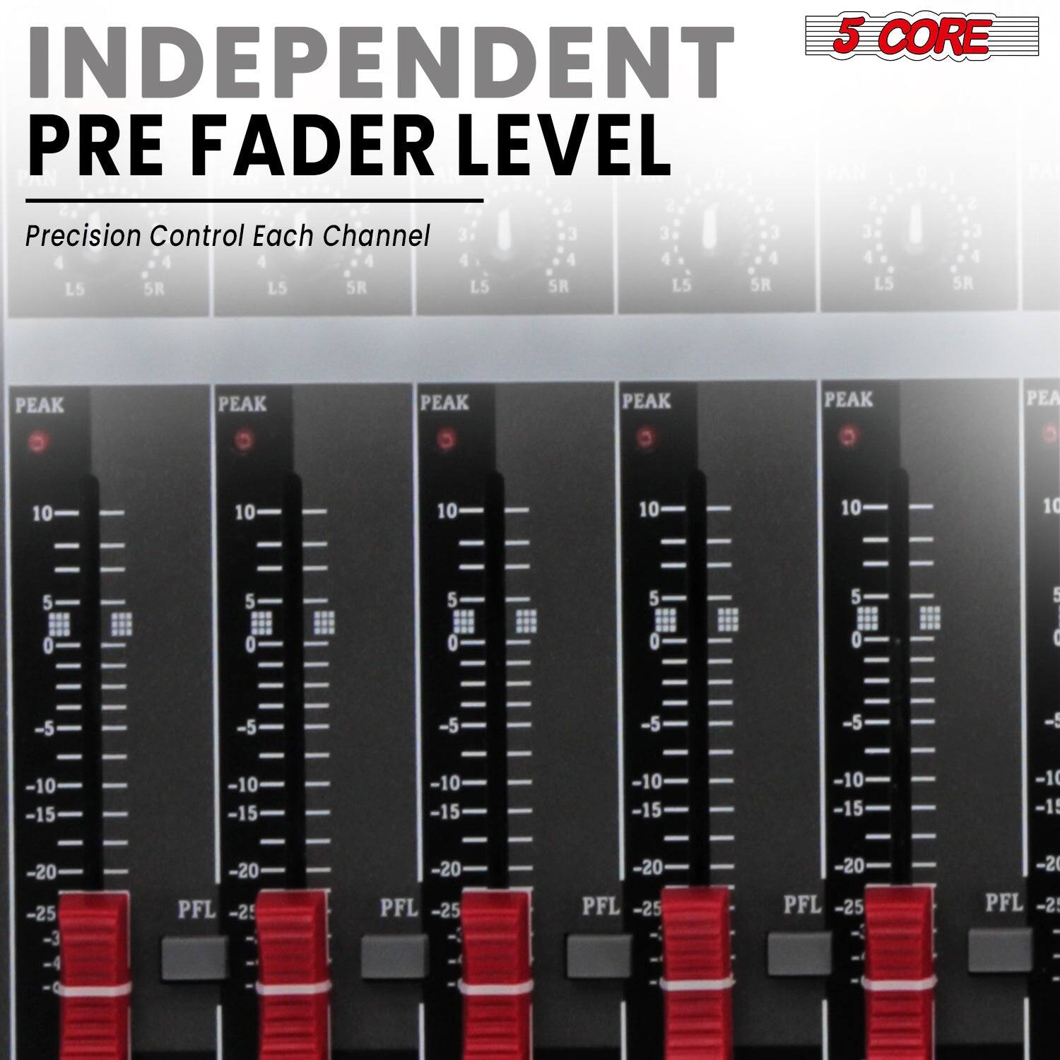 5 CORE  
INDEPENDENT PRE FADER LEVEL  

Precision Control Each Channel  

PEAK  
10  
5  
0  
-5  
-10  
-15  
-20  
-25  
PFL  

LS 5R  
LS 5R  
LS 5R  
LS 5R  
LS 5R