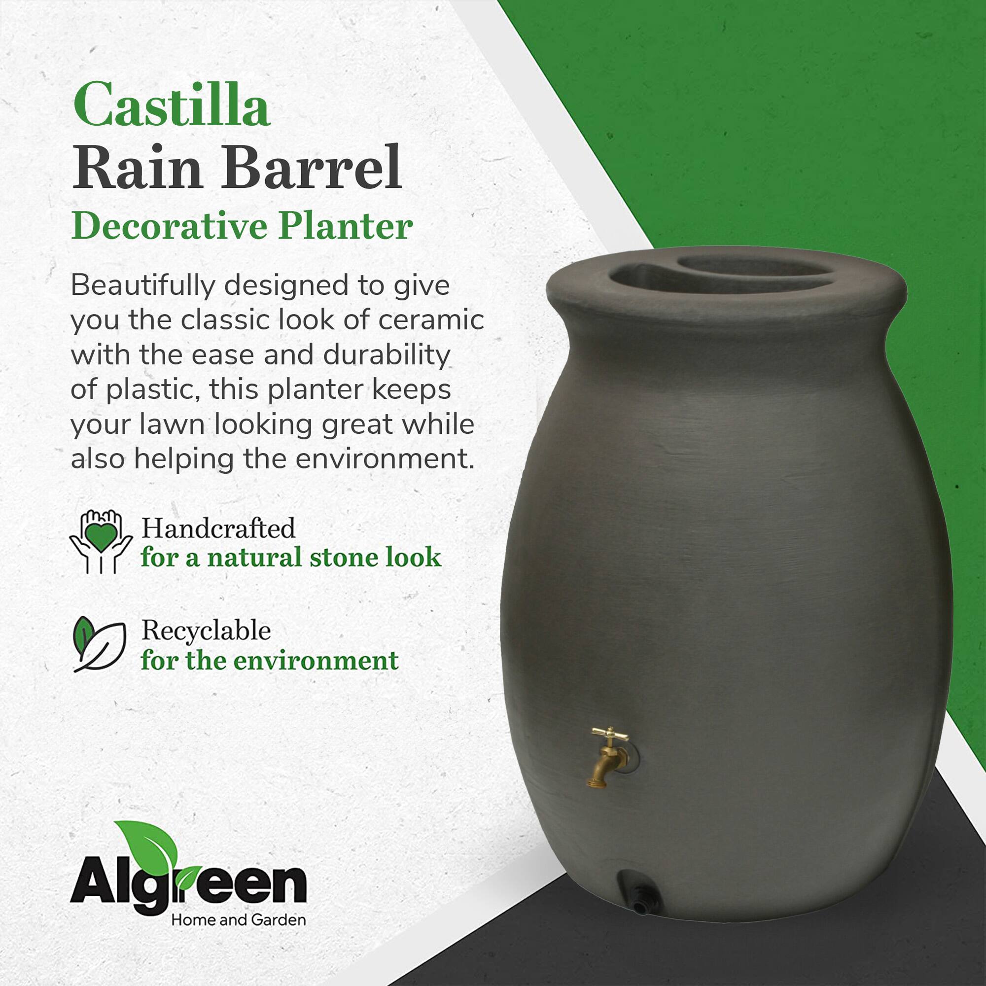 Castilla Rain Barrel Decorative Planter

Beautifully designed to give you the classic look of ceramic with the ease and durability of plastic, this planter keeps your lawn looking great while also helping the environment.

- Handcrafted for a natural stone look
- Recyclable for the environment

Algreen Home and Garden