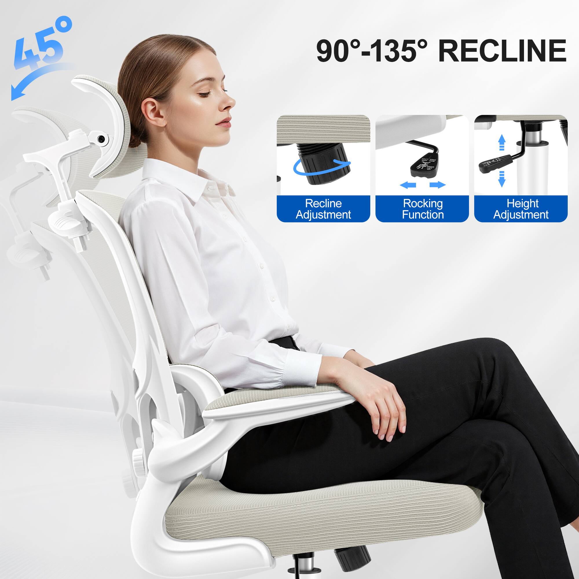45°

90°-135° RECLINE

Recline Adjustment  
Rocking Function  
Height Adjustment