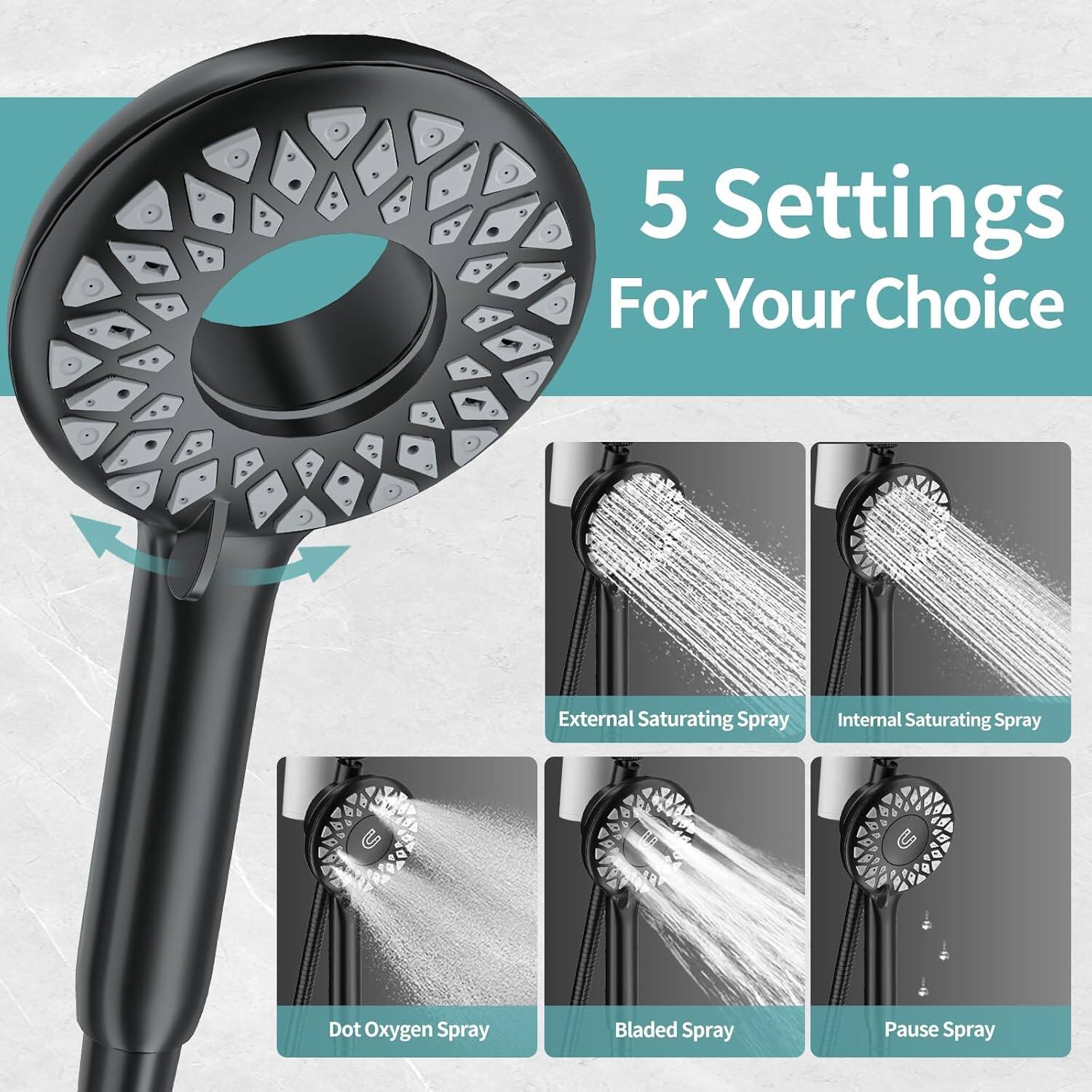 5 Settings For Your Choice  
- External Saturating Spray  
- Internal Saturating Spray  
- Dot Oxygen Spray  
- Bladed Spray  
- Pause Spray