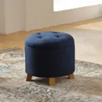 Front. Pinmoco - Round Tufted Faux Linen Ottoman with Removable Lid and Footrest Stool - Blue.