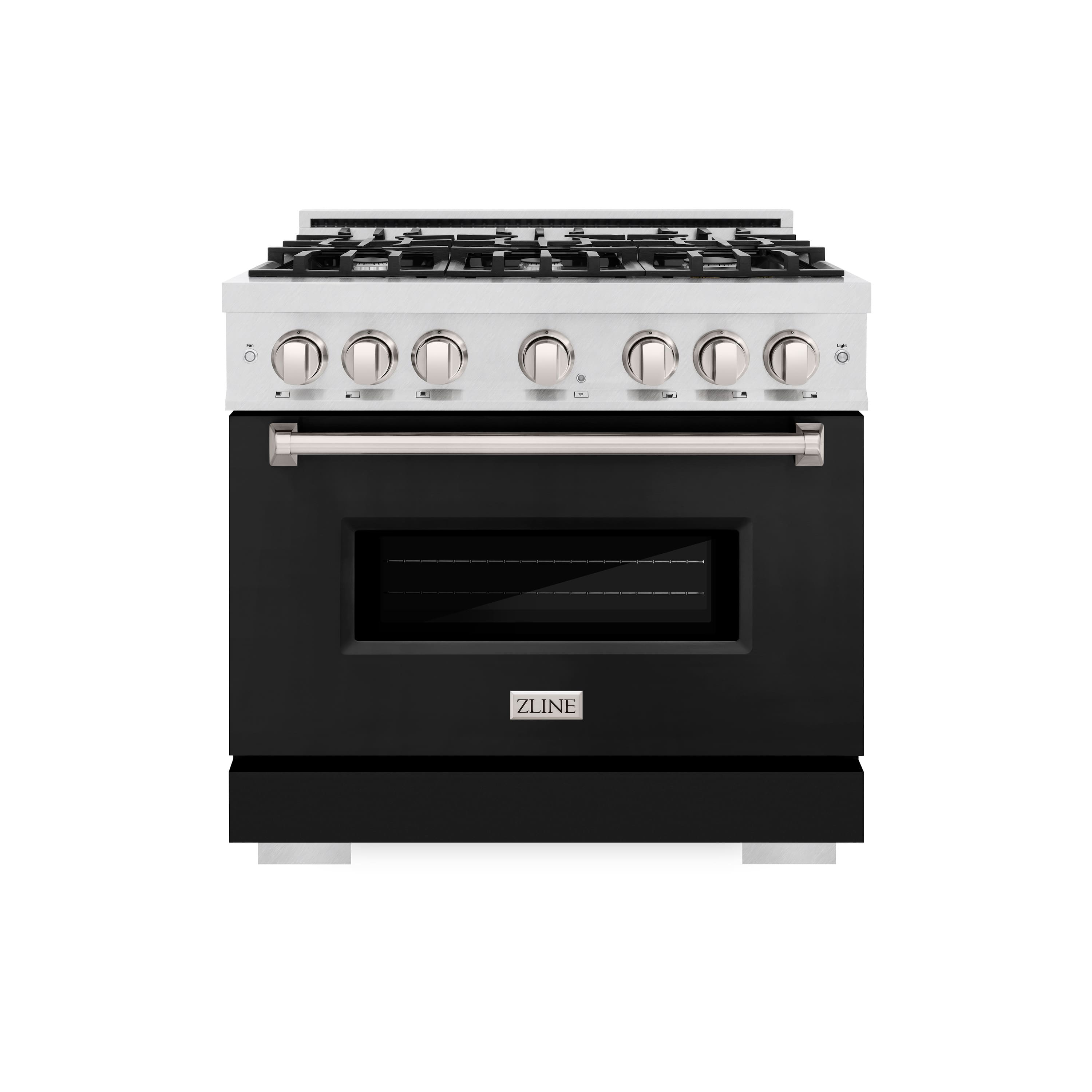 Front. ZLINE - ZLINE 36 in. Classic Satin Steel Gas Range w/ 6 Burners & Convection Oven w/ Black Door (CGRS-BLM-36) - Black.