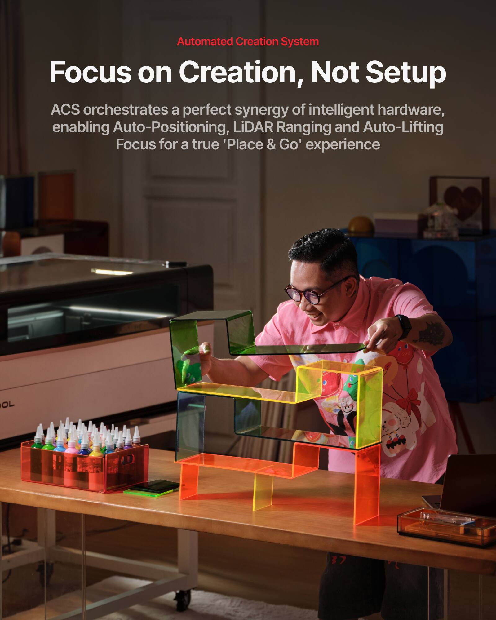 Automated Creation System  
Focus on Creation, Not Setup  

ACS orchestrates a perfect synergy of intelligent hardware, enabling Auto-Positioning, LiDAR Ranging and Auto-Lifting Focus for a true 'Place & Go' experience