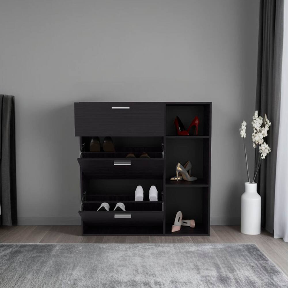 Alt View 1. Loheer - Loheer black 3-door shoe cabinet, shoe storage with interior and side shelves - Black.