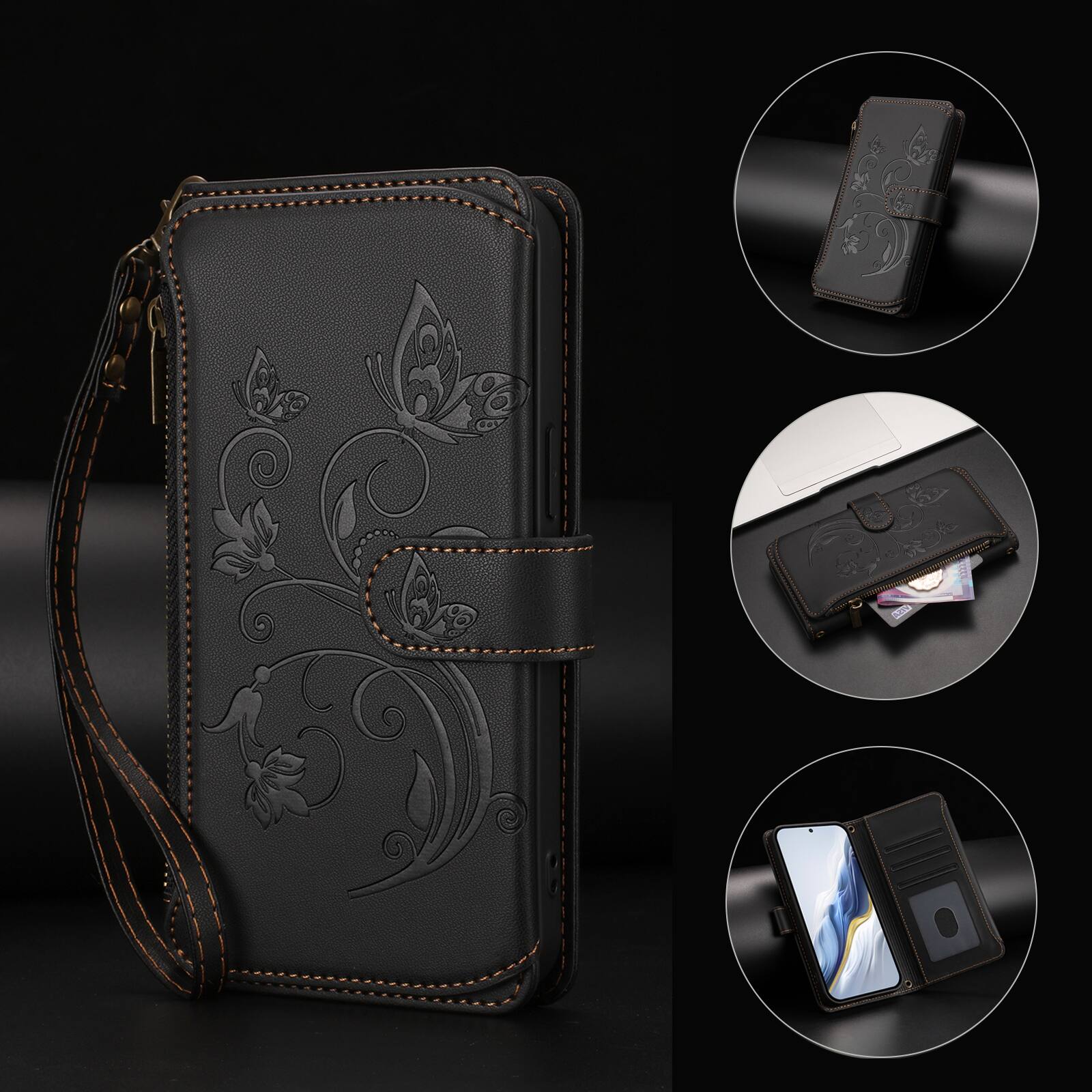 Alt View 5. Dteck - Crossbody Wallet Case for Samsung Galaxy S25+/S25 Plus,Embossed Butterfly Flower Folio Cover with Zipper Pocket+Strap - Black.