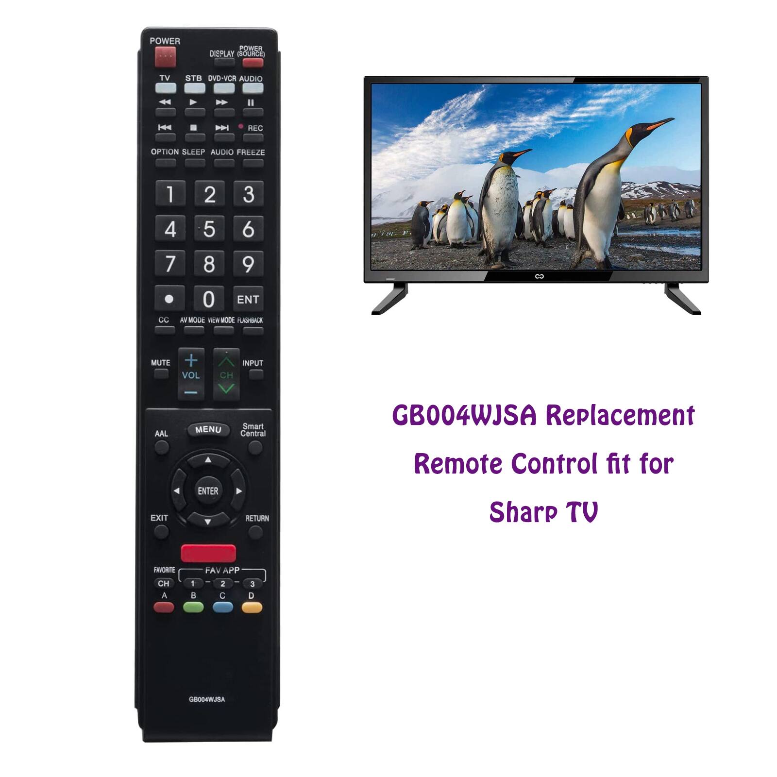 POWER DISPLAY (SOURCE) TV STB DVD-VCR AUDIO - II H N REC OPTION SLEEP AUDIO FREEZE 1 2 3 4 5 6 7 8 9 0 ENT OC NE MOUE . MCDE FLAHIC MUTE + VOL INPUT CH AAL MENU Smart Central GB004WJSA Replacement EXIT ENTER RETURN Remote Control fit for Sharp TV FAVORITE CH A 1 FAV APP 2 C 3 D
