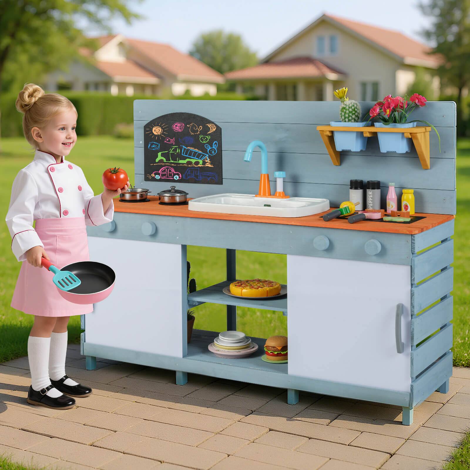 Alt View 3. Costway - Costway Play Kitchen for Kids Wooden Toy Kitchen Playset with Chalkboard Grill Rack - Blue.
