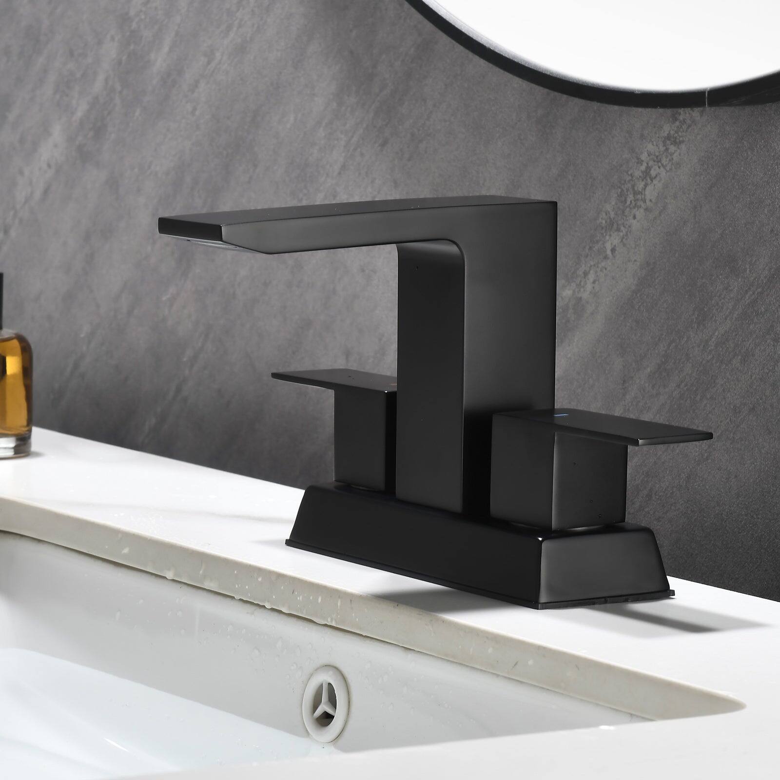 Alt View 2. Boyel Living - Black 4 Inch Centerset Faucet SUS304 Waterfall Spout 1.2GPM Dual Handle Pop Up Drain - Matte Black.