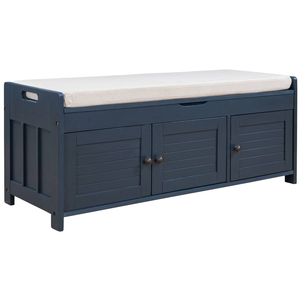 Back. Ropilly - Ropilly Antique Navy Storage Bench with Cushion and Shutter Doors, Rustic Entryway Shoe Bench - Antique Navy.
