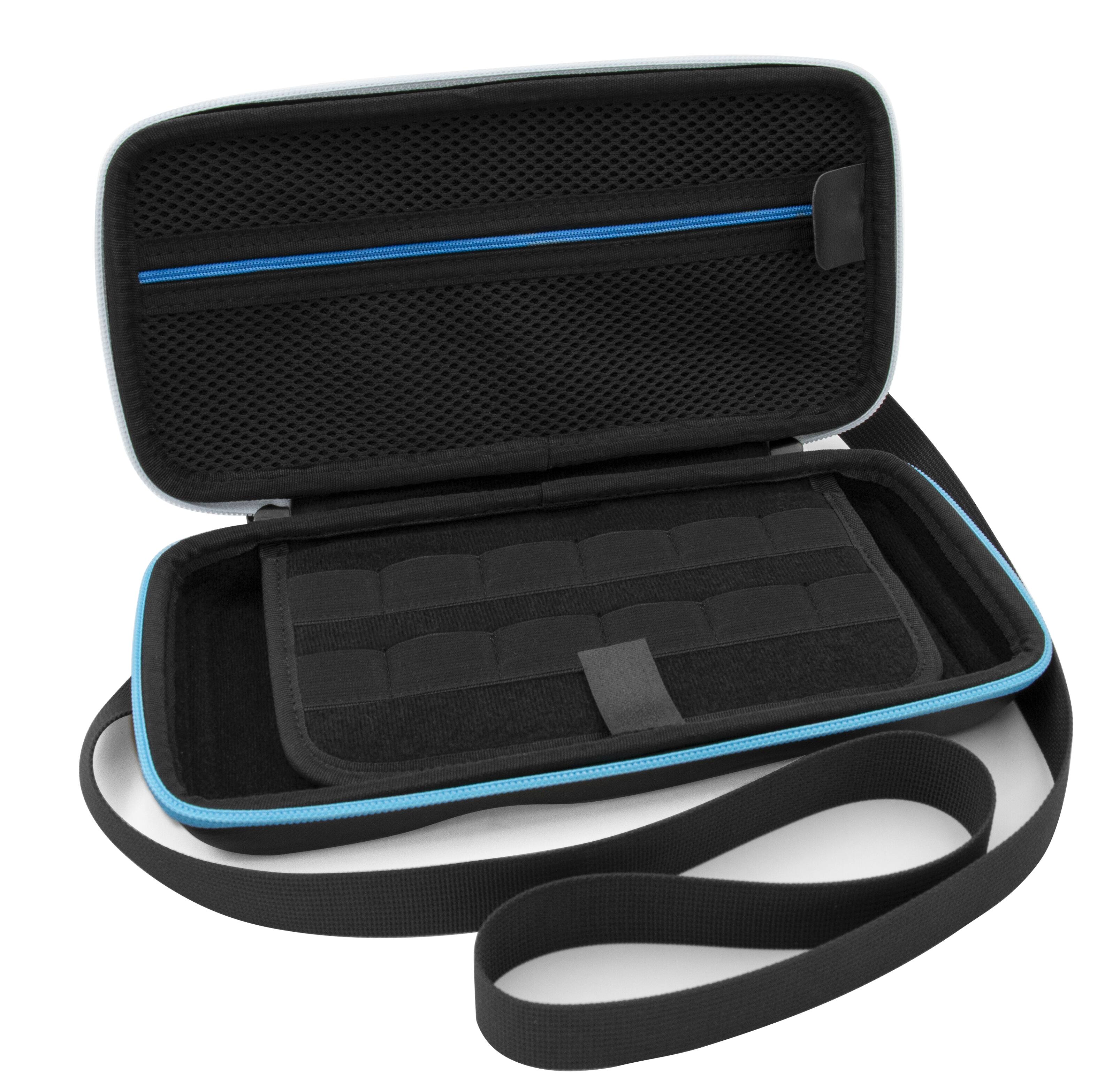 Left. CASEMATIX - Travel Case Compatible with Nintendo Switch OLED Model with 12 Game Slots, Screen Protection and Carry Handle - Black With Blue Accents.