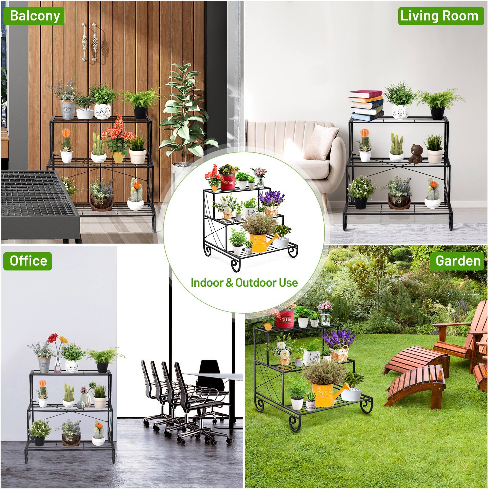 The text on the image is grouped as follows:

1. Balcony: Balcony plants and potted plants on a balcony.
2. Living Room: Indoor plants in a living room setting.
3. Office: Indoor plants in an office setting.
4. Garden: Outdoor plants in a garden setting.
5. Indoor & Outdoor Use: Plants that can be used both indoors and outdoors.

The text is correct, and the image shows various plants in different settings, such as a balcony, living room, office, garden, and plants suitable for both indoor and outdoor use.