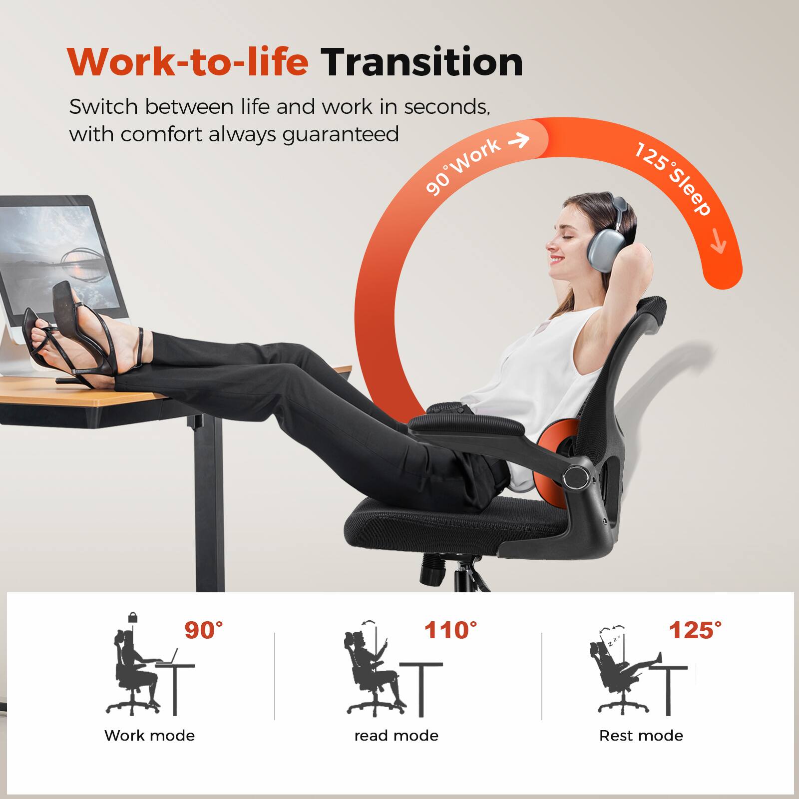 Work-to-life Transition Switch between life and work in seconds, with comfort always guaranteed

*Work 90
Sleep 125
Work mode 90
Read mode 110
Rest mode 125