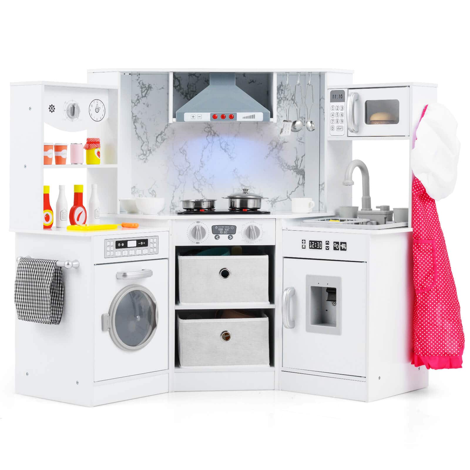 Costway - Wooden Kids Play Corner Kitchen with Realistic Lights & Sounds Lighted Range Hood - White