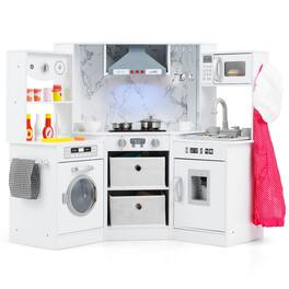 Costway - Wooden Kids Play Corner Kitchen with Realistic Lights & Sounds Lighted Range Hood - White
