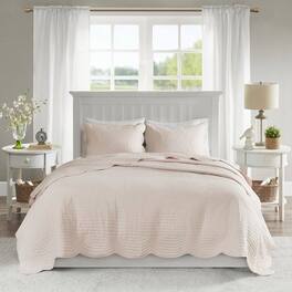 Hivvago - King Size 3 Piece Reversible Scalloped Edges Microfiber Quilt Set - Blush
