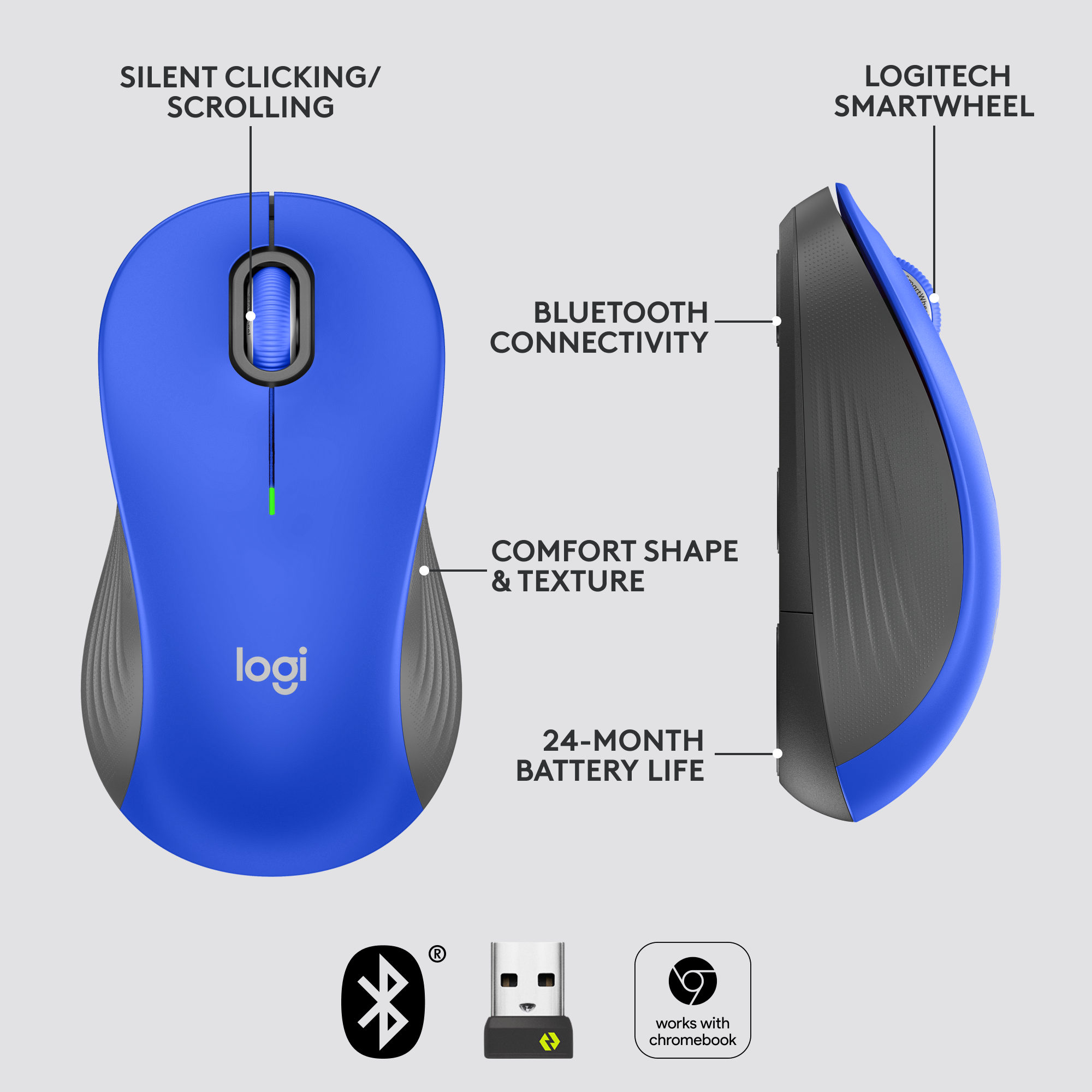 The image features a blue Logitech computer mouse with a USB dongle attached to it. The mouse is designed for silent clicking and scrolling, and it has Bluetooth connectivity. The mouse is also shaped for comfort and has a textured surface. It has a 24-month battery life and is compatible with Chromebooks.