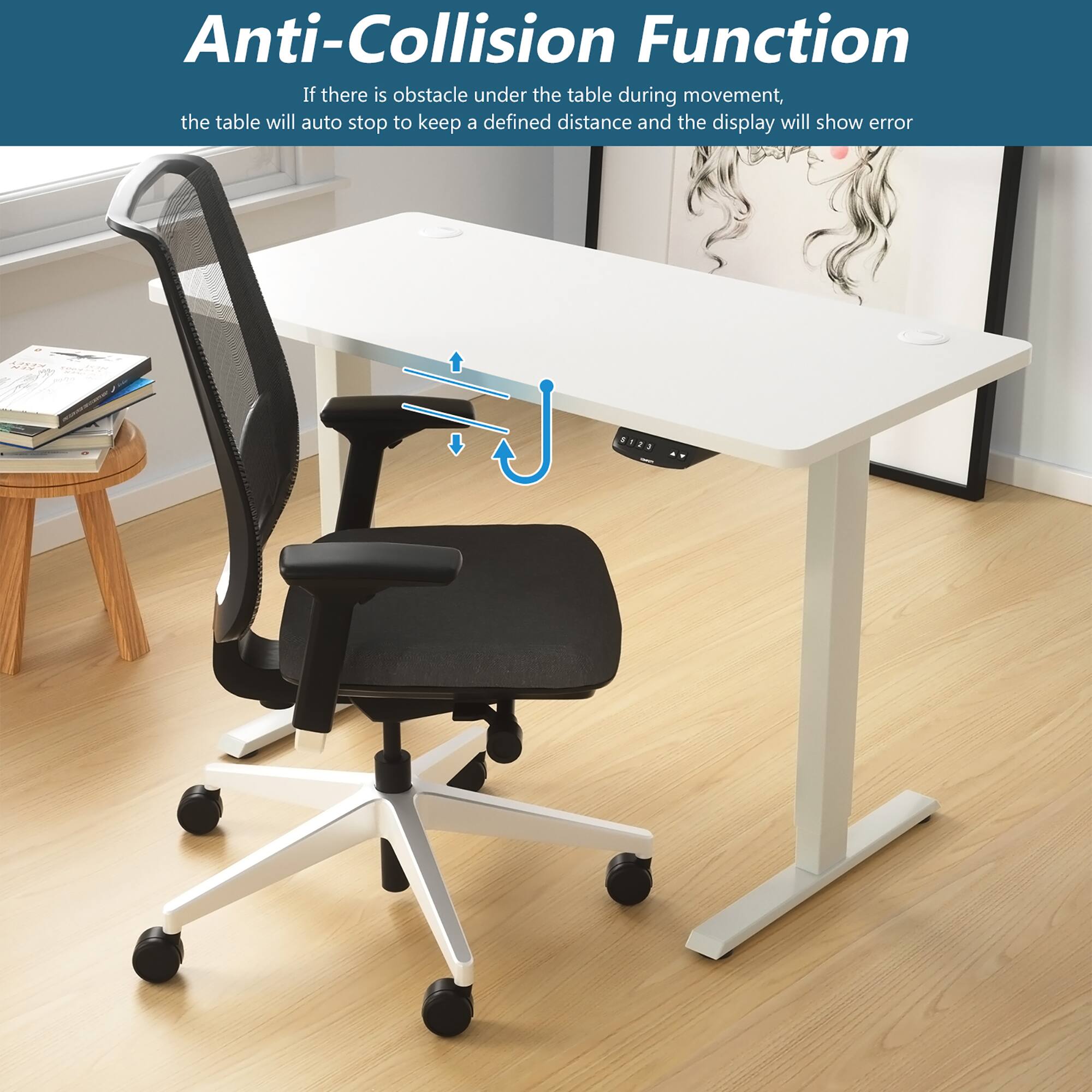 Anti-Collision Function

If there is an obstacle under the table during movement, the table will auto stop to keep a defined distance and the display will show error 0123.