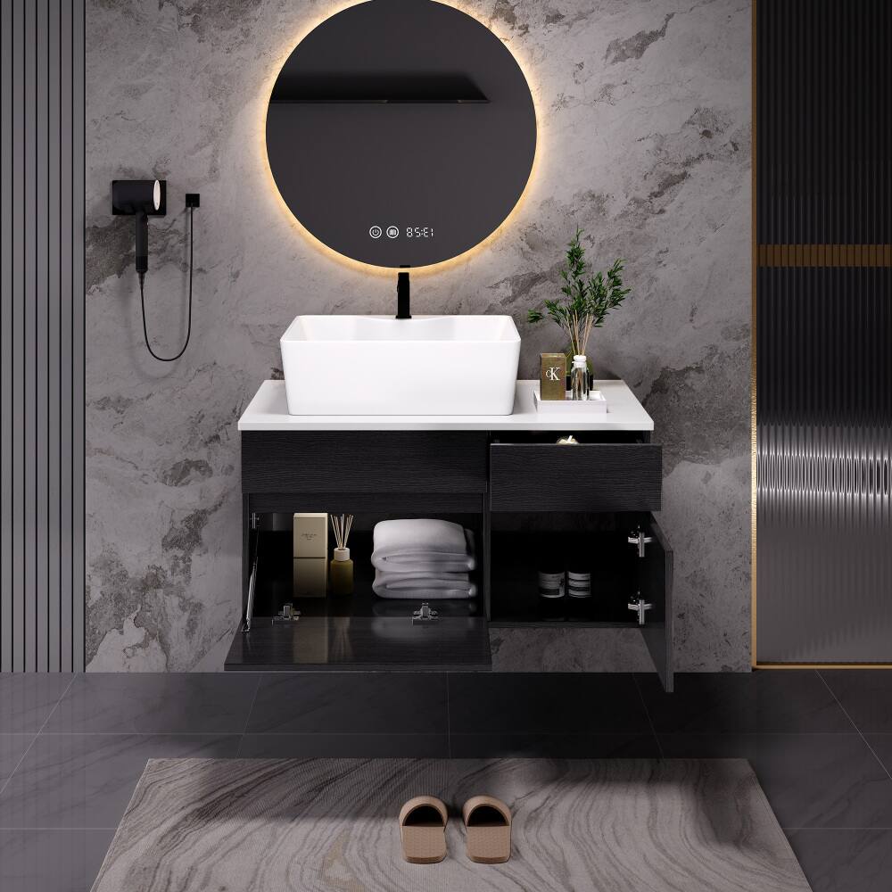 Back. JUJABU - 31.5 In. Black Floating Bathroom Vanity with Ceramic Sink - Black.