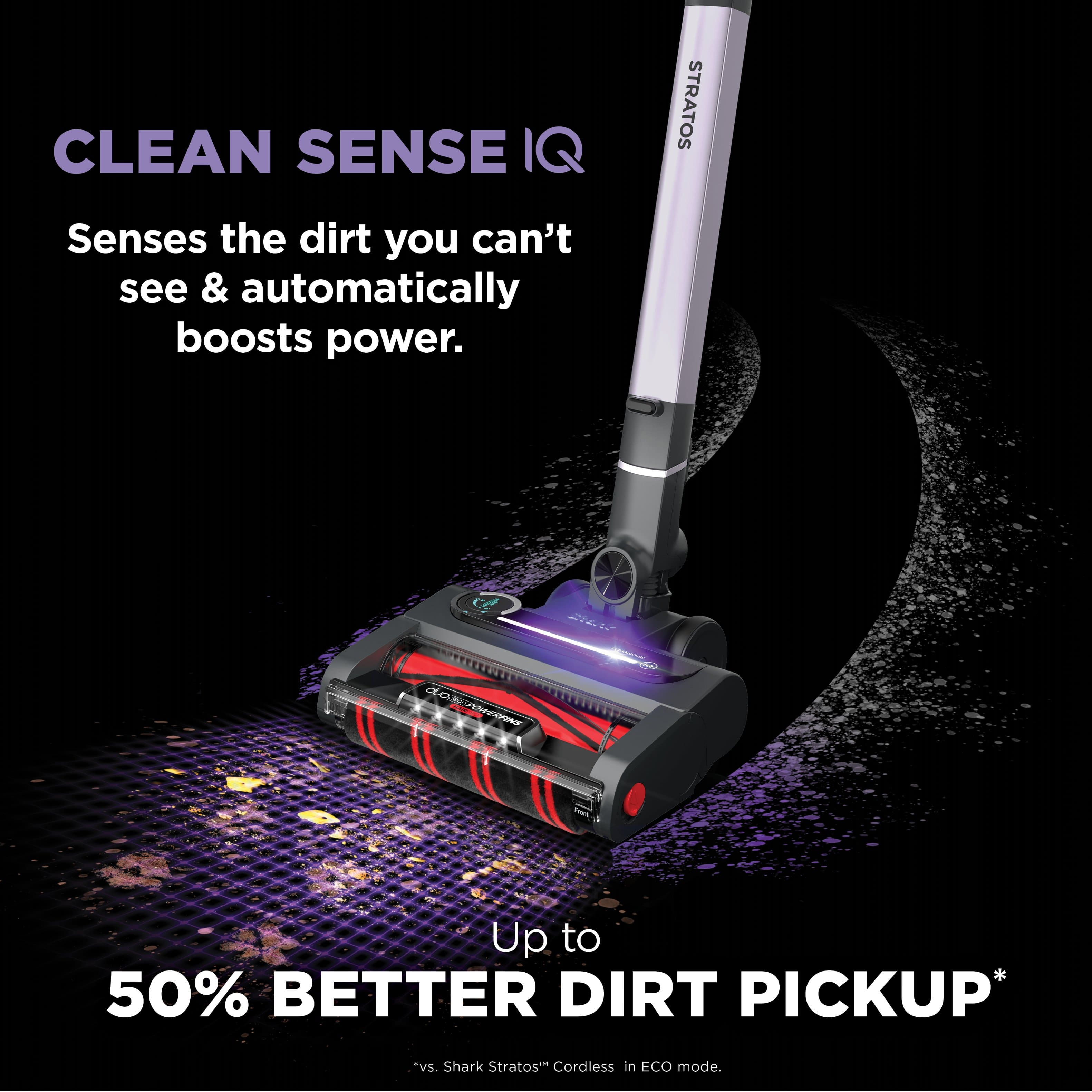 CLEAN SENSE IQ STRATOS Senses the dirt you can't see & automatically boosts power. Up to 50% BETTER DIRT PICKUP* vs. Shark Stratos- Cordless in ECO mode.