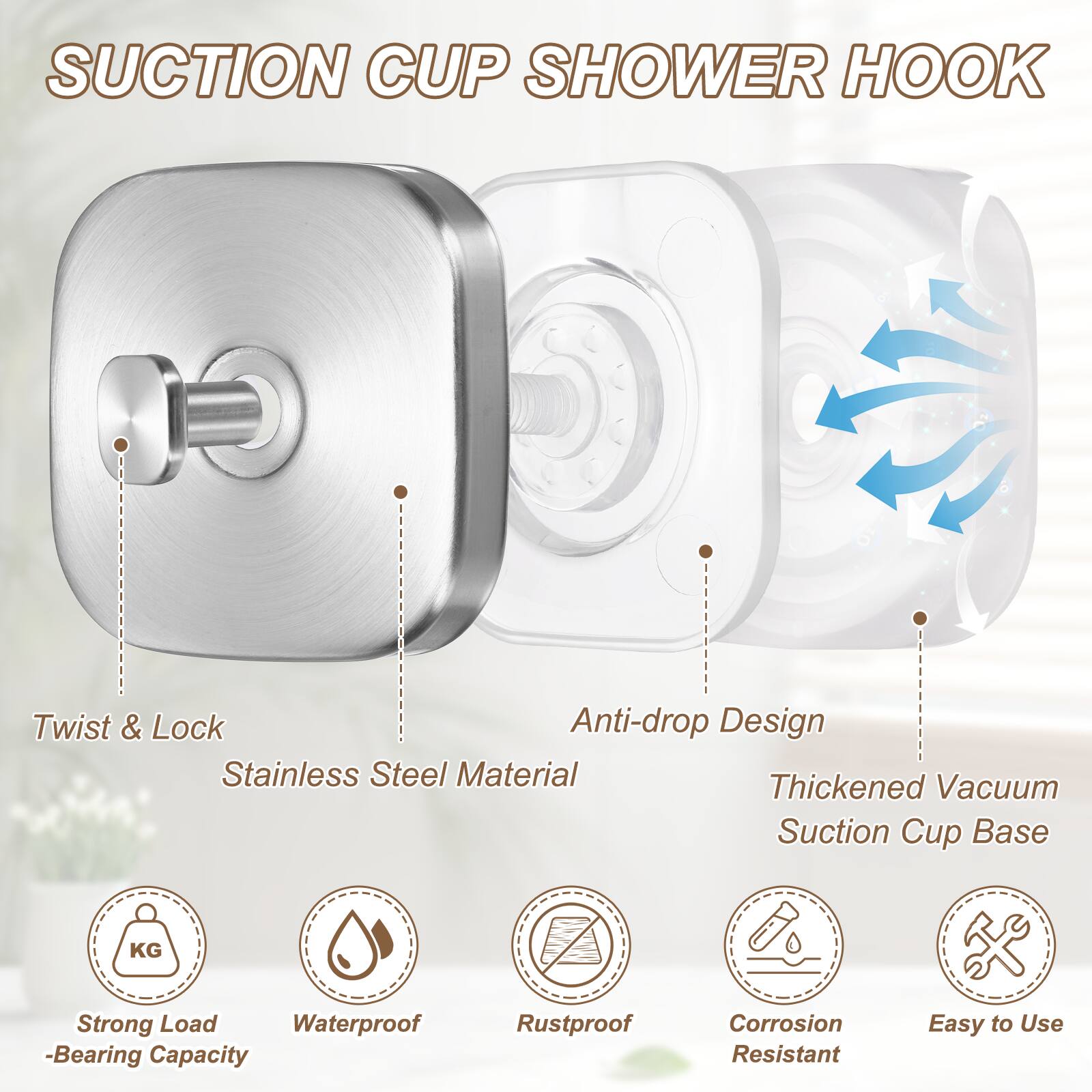 Suction Cup Shower Hook Twist & Lock Anti-drop Design Stainless Steel Material Thickened Vacuum Suction Cup Base KG Strong Load Waterproof -Bearing Capacity Rustproof Corrosion Resistant Easy to Use