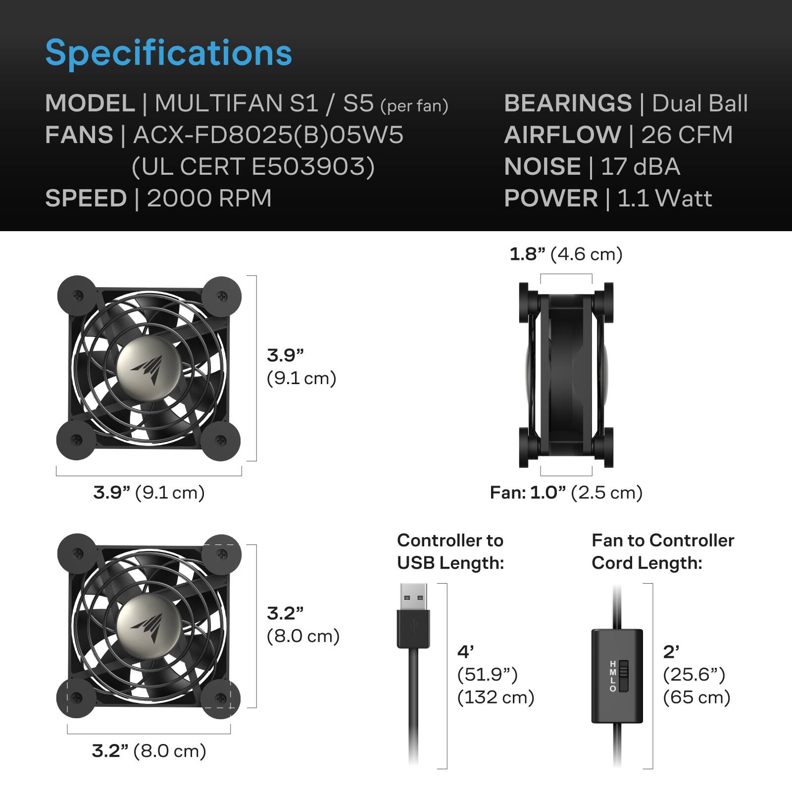 Specifications  
MODEL | MULTIFAN S1 / S5 (per fan)  
FANS | ACX-FD8025(B)05W5 (UL CERT E503903)  
SPEED | 2000 RPM  
BEARINGS | Dual Ball  
AIRFLOW | 26 CFM  
NOISE | 17 dBA  
POWER | 1.1 Watt  

1.8" (4.6 cm)  
3.9" (9.1 cm)  
3.9" (9.1 cm)  
Fan: 1.0" (2.5 cm)  
Controller to USB Length: 4' (51.9") (132 cm)  
Fan to Controller Cord Length: 2' (25.6") (65 cm)  
3.2" (8.0 cm)