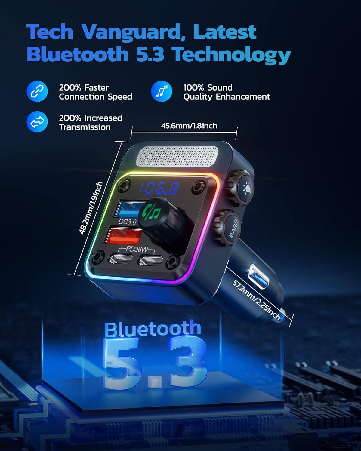Tech Vanguard, Latest Bluetooth 5.3 Technology

- 200% Faster Connection Speed
- 100% Sound Quality Enhancement
- 200% Increased Transmission

Dimensions:
- 45.6mm/1.8inch
- 48.2mm/1.9inch
- 57.2mm/2.25inch

Features:
- QC3.0
- PD36W