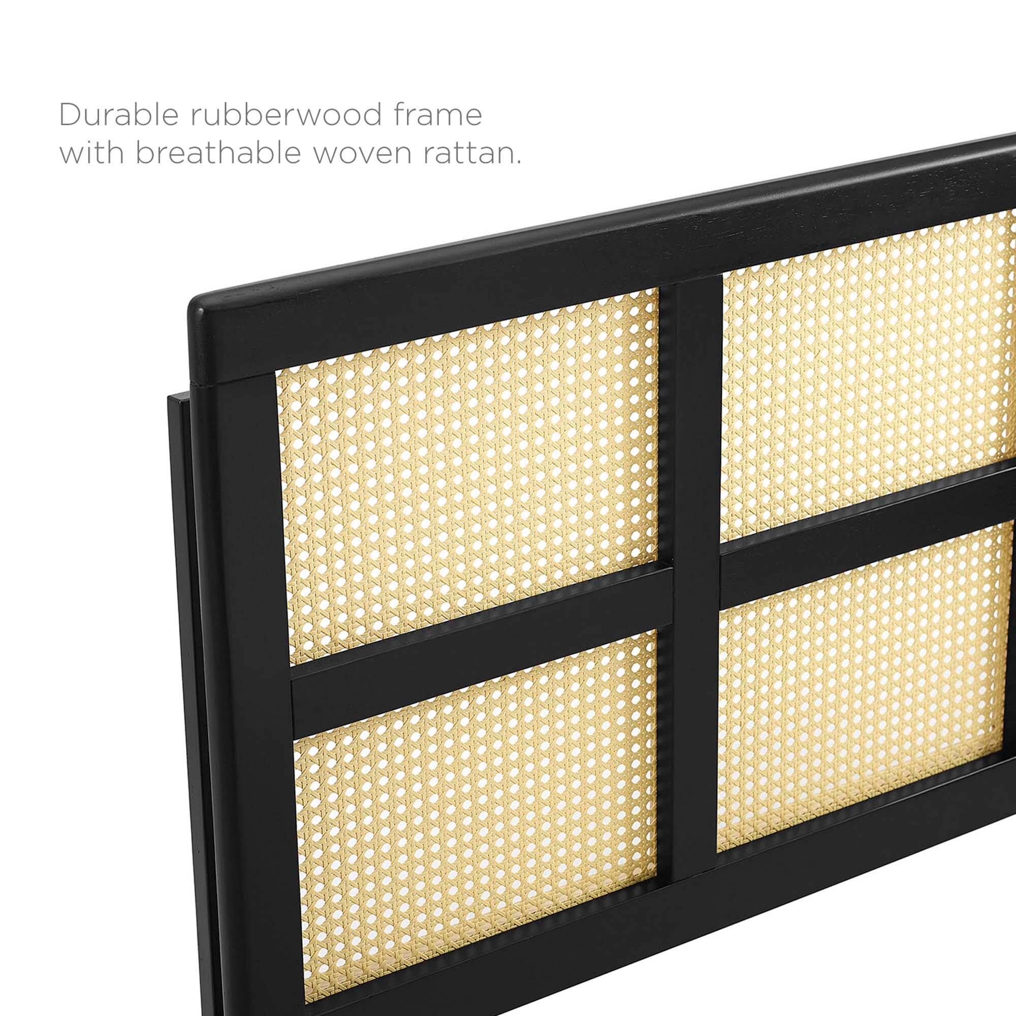 Durable rubberwood frame with breathable woven rattan.