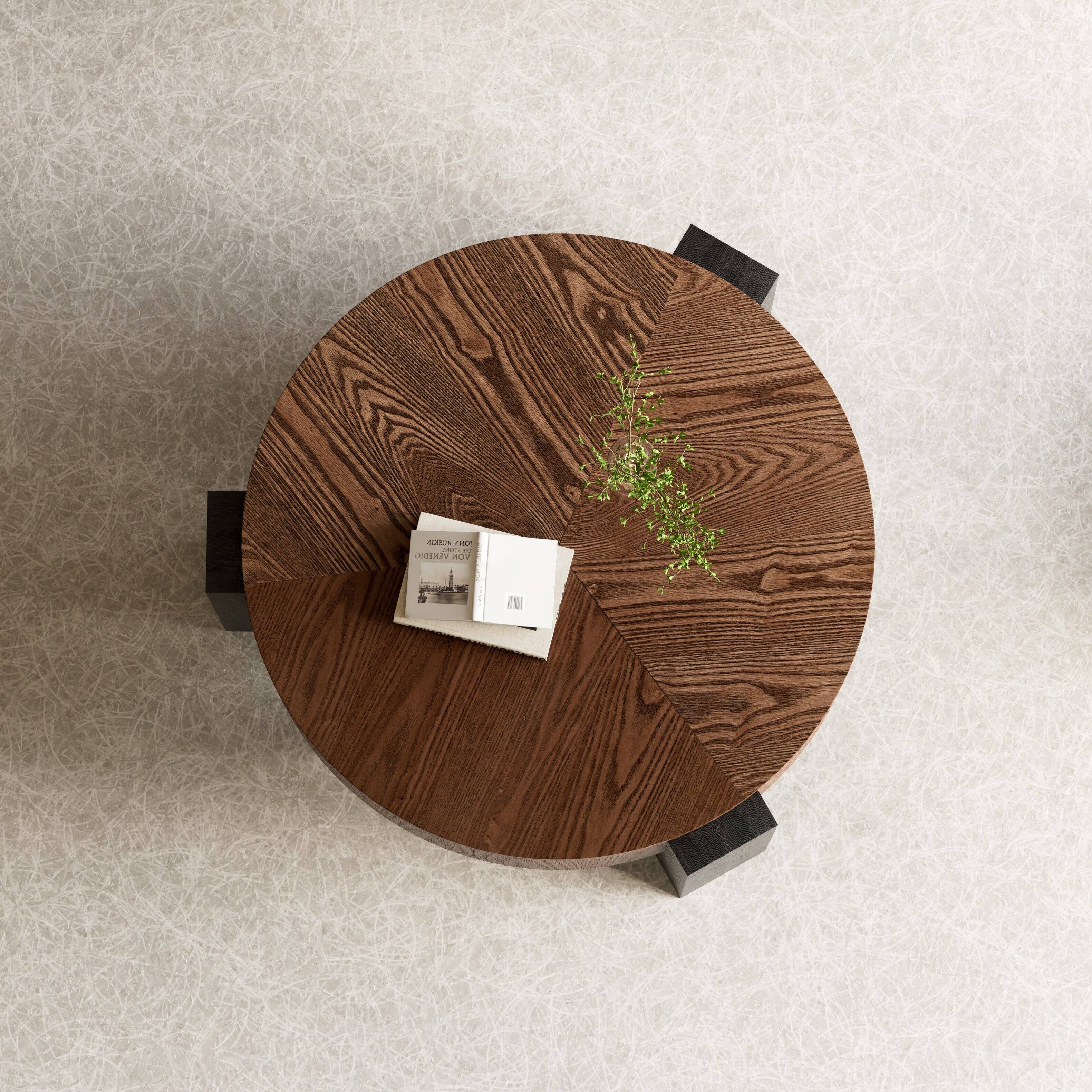 Back. Loheer - Loheer 33 Inch Round Coffee Table with Hidden Storage Wabi Sabi Wood Parquet Center Accent Table Walnut and Black - Walnut+black.