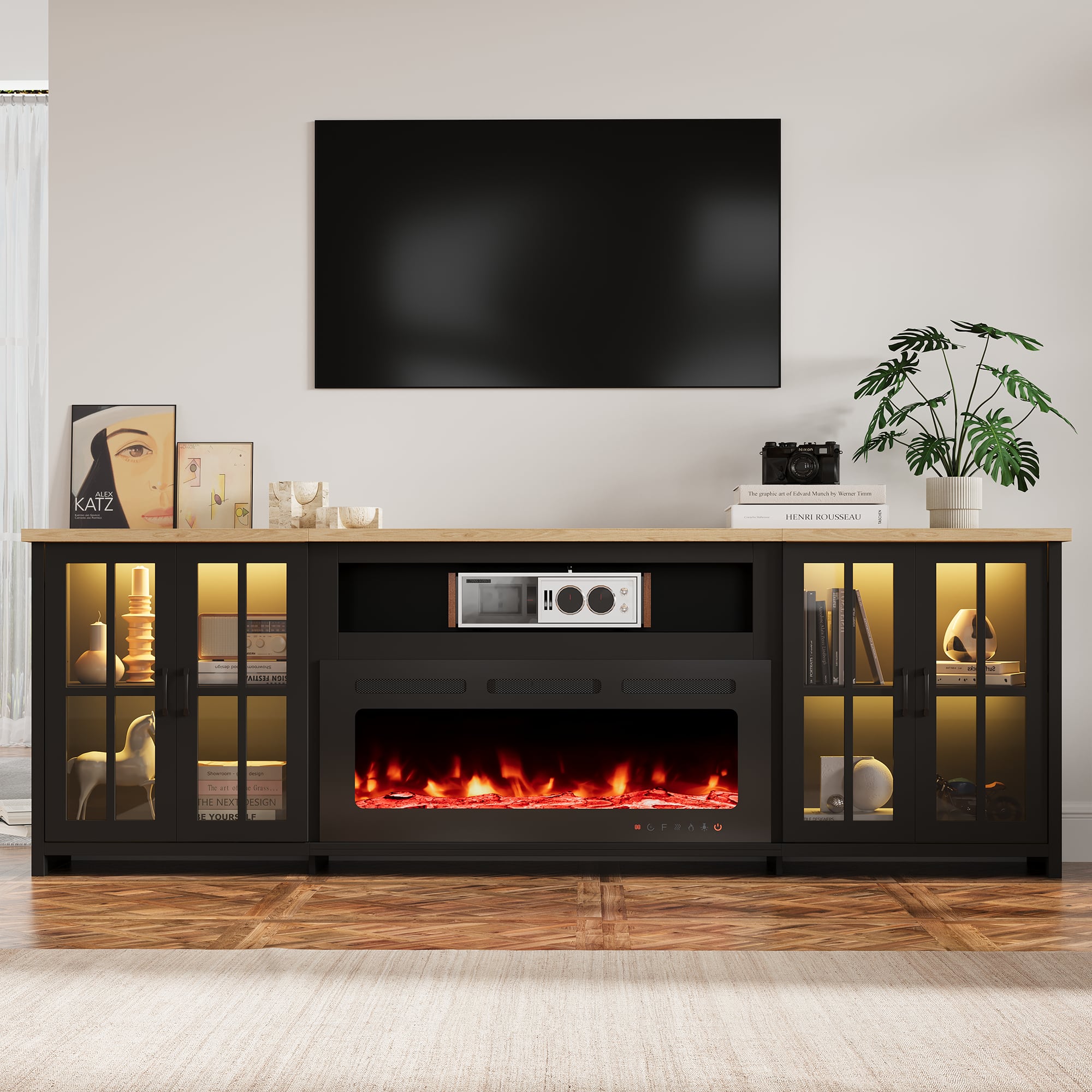 U-HOMY - 97" Fireplace TV Stand with 42" Electric Fireplace, Glass Door Media Console with LED Lights - Black