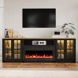 U-HOMY - 97" Fireplace TV Stand with 42" Electric Fireplace, Glass Door Media Console with LED Lights - Black