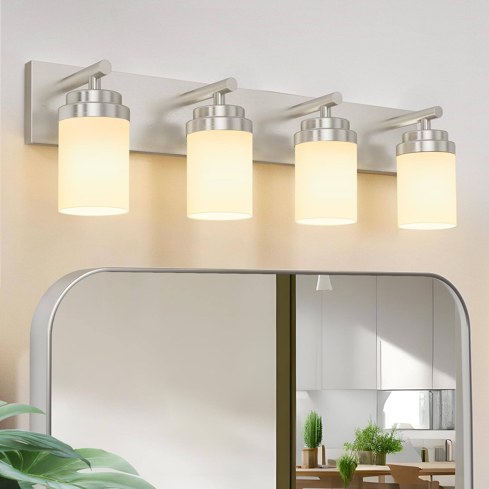 Front. Comfort Essence - Bathroom Vanity Light Fixture Inch Matte Fixtures Over Mirror With Clear Glass Shade Modern Farmhouse Light - Nickel-White Glass Shade 4-Light.