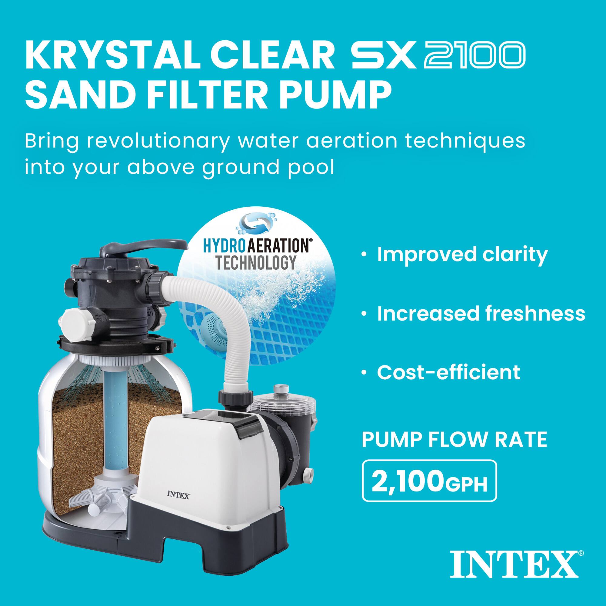 KRYSTAL CLEAR SX 2100 SAND FILTER PUMP

Bring revolutionary water aeration techniques into your above ground pool

HYDRO AERATION TECHNOLOGY

- Improved clarity
- Increased freshness
- Cost-efficient

PUMP FLOW RATE
2,100 GPH

INTEX