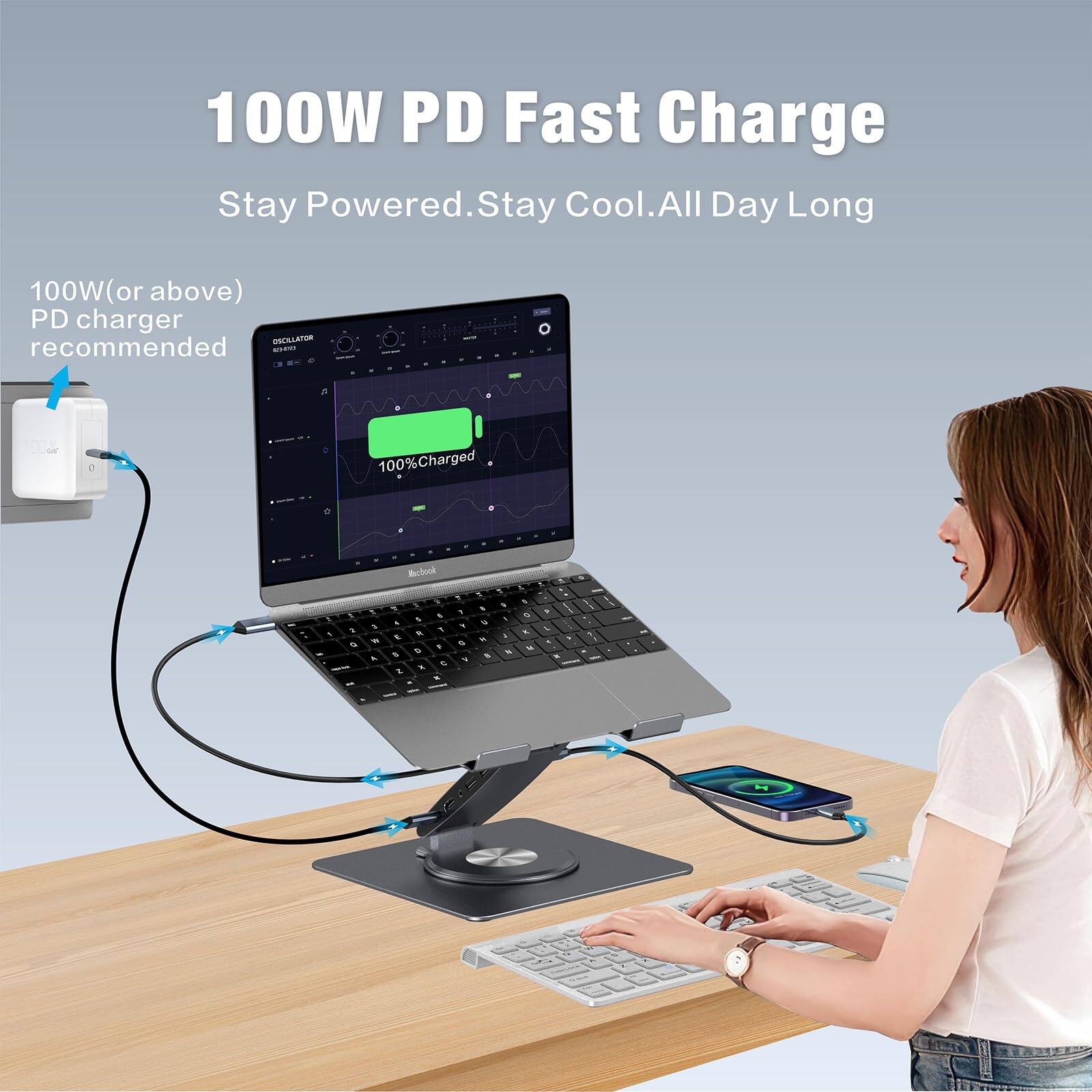 100W PD Fast Charge  
Stay Powered. Stay Cool. All Day Long  

100W (or above) PD charger recommended  

100% Charged