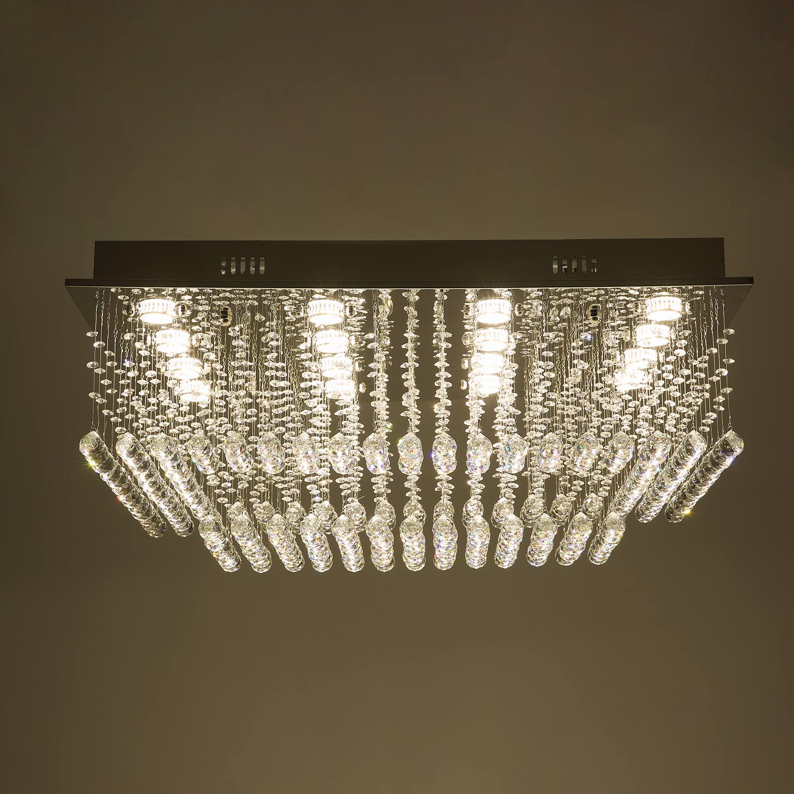 Alt View 7. Siljoy - 35.4" Luxury Rectangular K9 Crystal Flush Mount Light, Modern Waterfall Chandelier for Living Room Dining Foyer - Chrome.