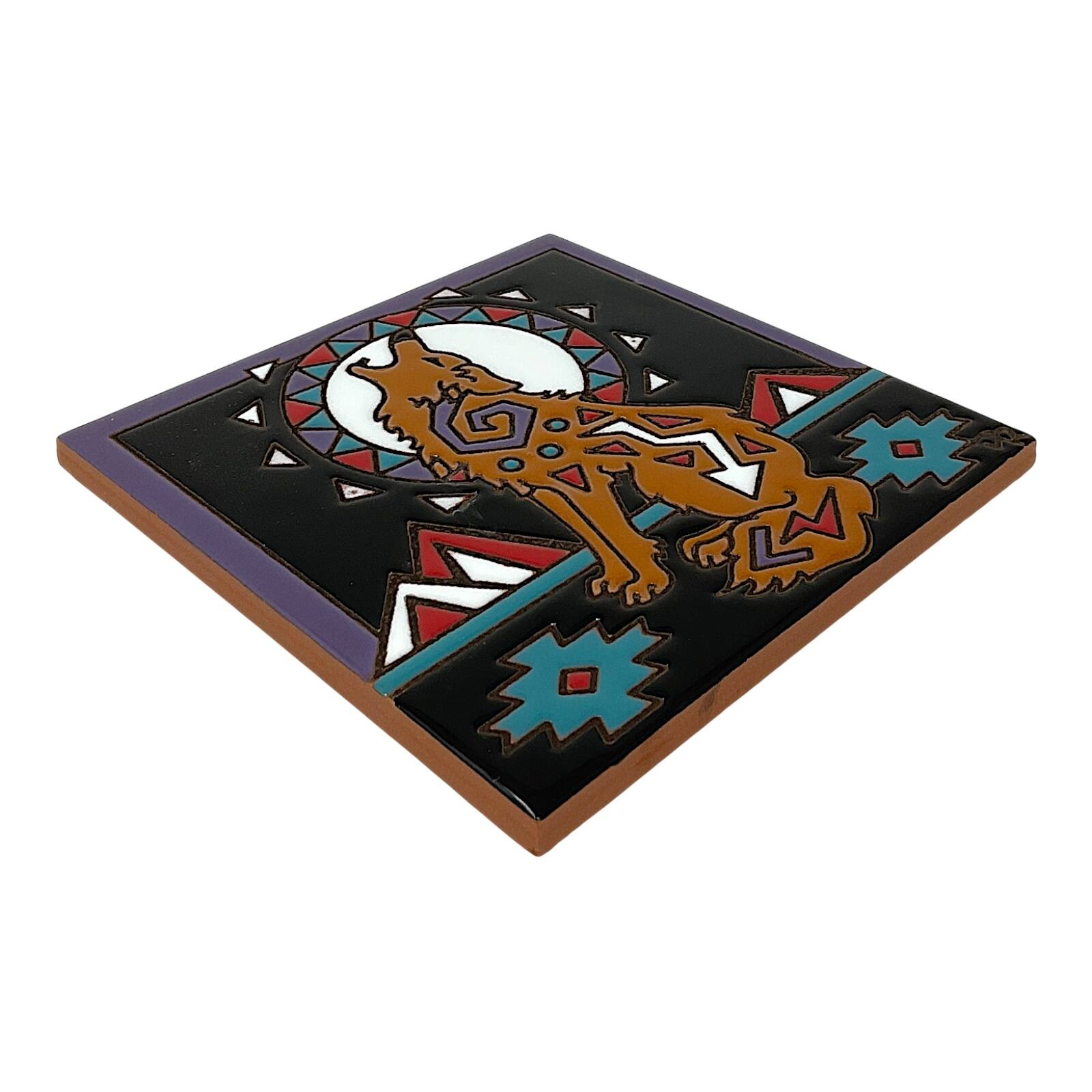 Left. Earthtones Tile - Earthtones Southwest Howling Coyote with Moon 6X6 Hand Glazed Decorative Tile or Kitchen Trivet - Multicolor.