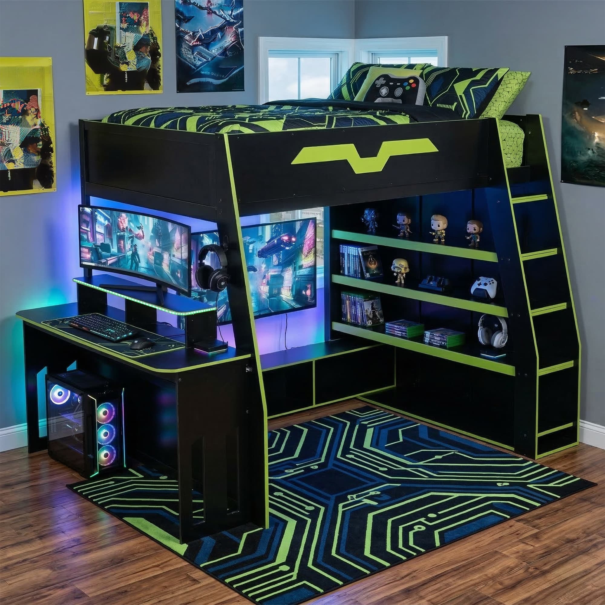 Anysun - Full Size Wood Loft Bed with Desk, Multi-storage Shelves and RGB Light, Table with adjustable placement - Green