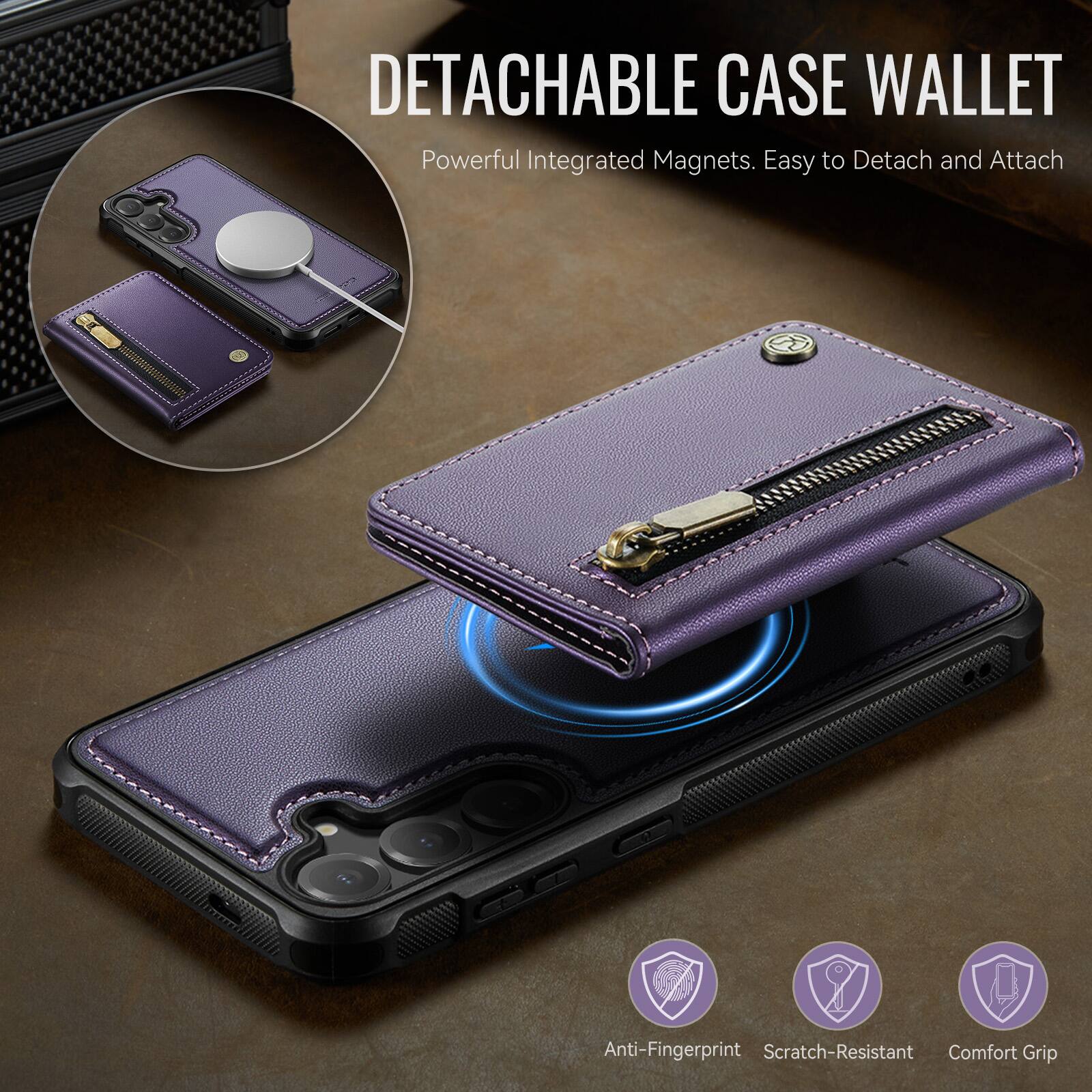 DETACHABLE CASE WALLET  
Powerful Integrated Magnets. Easy to Detach and Attach  

Anti-Fingerprint  
Scratch-Resistant  
Comfort Grip