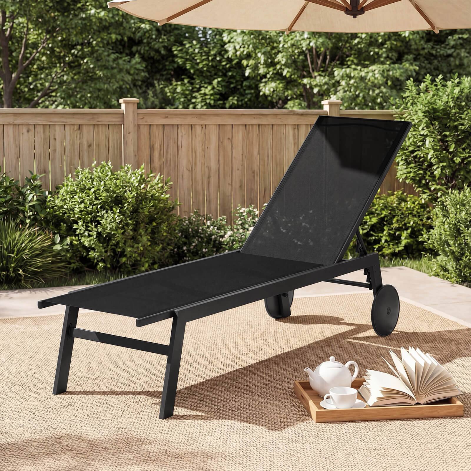Alt View 1. Costway - Costway 1 PCS Patio Chaise Lounge with Wheels Adjustable 6-Position Backrest Breathable Seat - Black.
