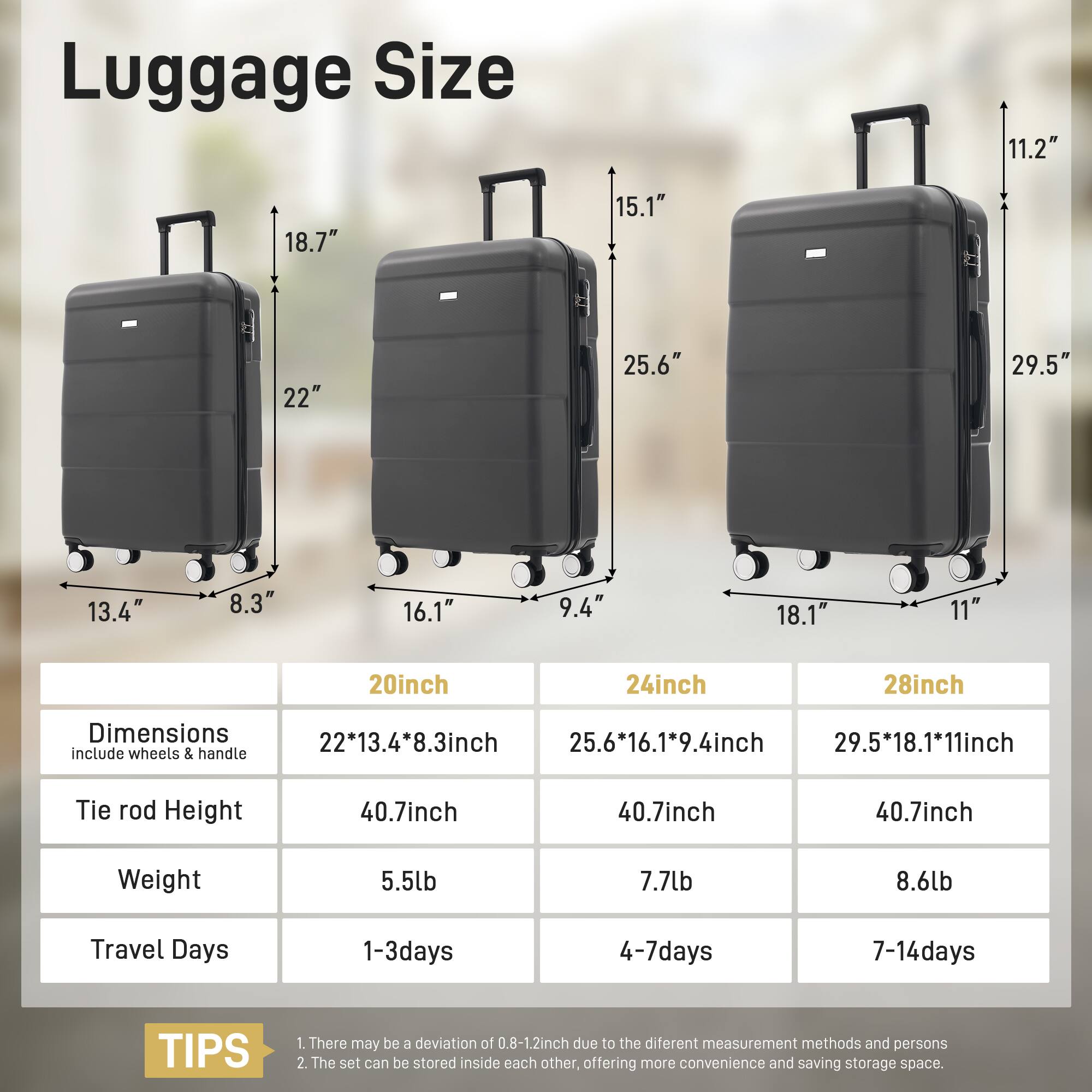 Luggage Size

20inch  
Dimensions: 22*13.4*8.3inch  
Tie rod Height: 40.7inch  
Weight: 5.5lb  
Travel Days: 1-3days  

24inch  
Dimensions: 25.6*16.1*9.4inch  
Tie rod Height: 40.7inch  
Weight: 7.7lb  
Travel Days: 4-7days  

28inch  
Dimensions: 29.5*18.1*11inch  
Tie rod Height: 40.7inch  
Weight: 8.6lb  
Travel Days: 7-14days  

TIPS  
1. There may be a deviation of 0.8-1.2inch due to the different measurement methods and persons.  
2. The set can be stored inside each other, offering more convenience and saving storage space.