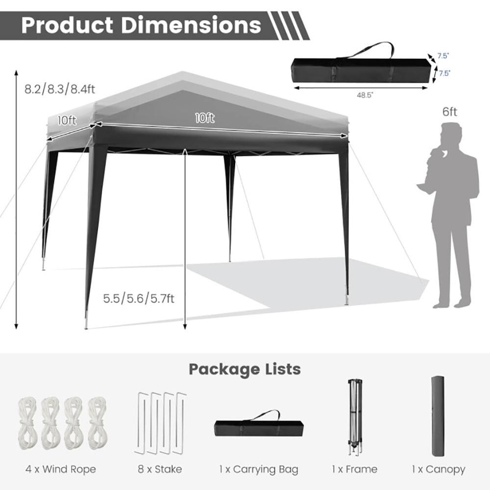 Product Dimensions: 7.5" x 8.2/8.3/8.4ft x 10ft x 10ft x 48.5" x 7.5" x 6ft x 5.5/5.6/5.7ft

Package Lists: 
- 4 x Wind Rope
- 8 x Stake
- 1 x Carrying Bag
- 1 x Frame
- 1 x Canopy