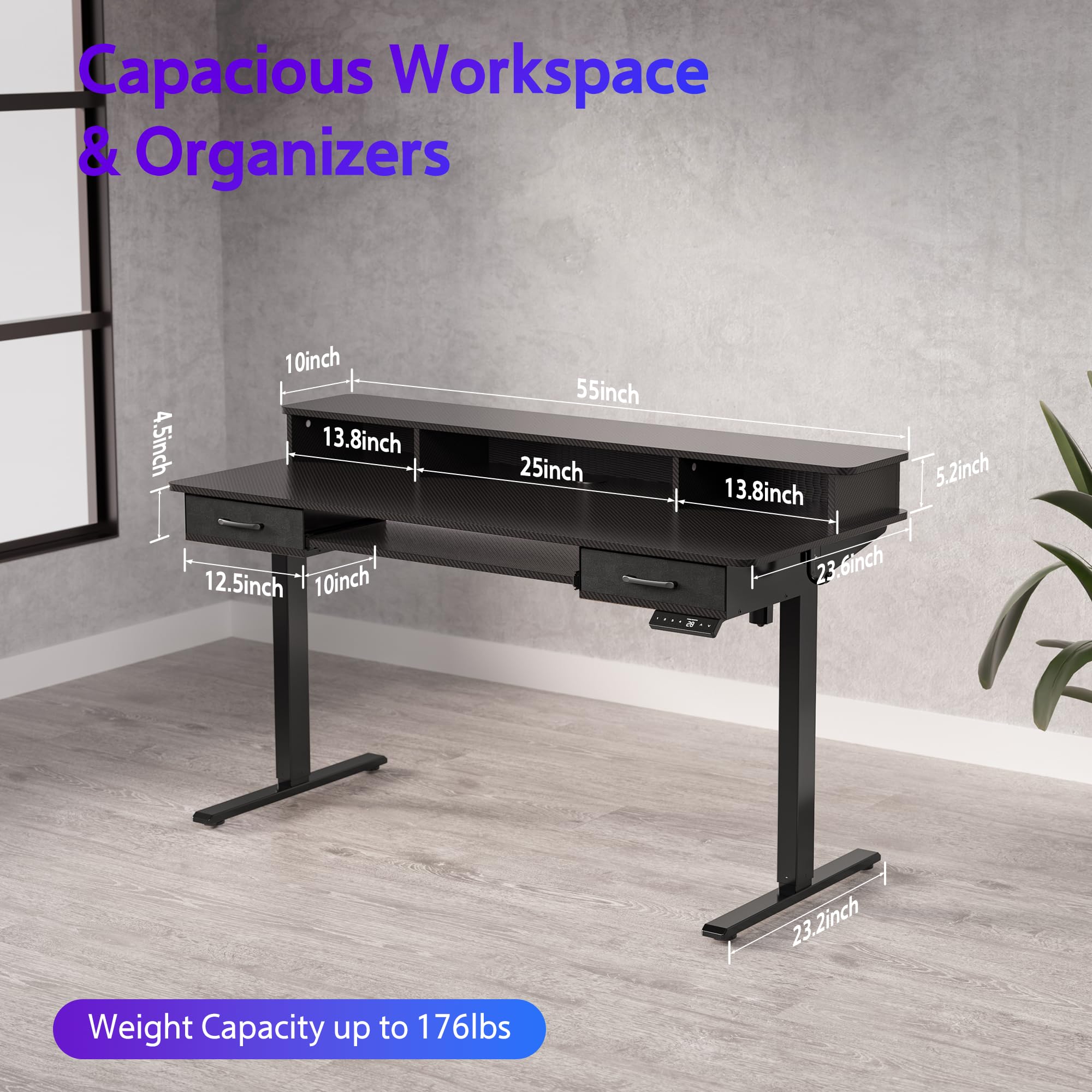 Capacious Workspace & Organizers

- Width: 55 inch
- Depth: 25 inch
- Height: 5.2 inch
- Drawer Width: 13.8 inch
- Drawer Depth: 23.6 inch
- Drawer Height: 4.5 inch
- Shelf Width: 10 inch
- Shelf Depth: 13.8 inch
- Shelf Height: 10 inch
- Leg Width: 12.5 inch
- Leg Depth: 10 inch
- Leg Height: 23.2 inch

Weight Capacity up to 176 lbs