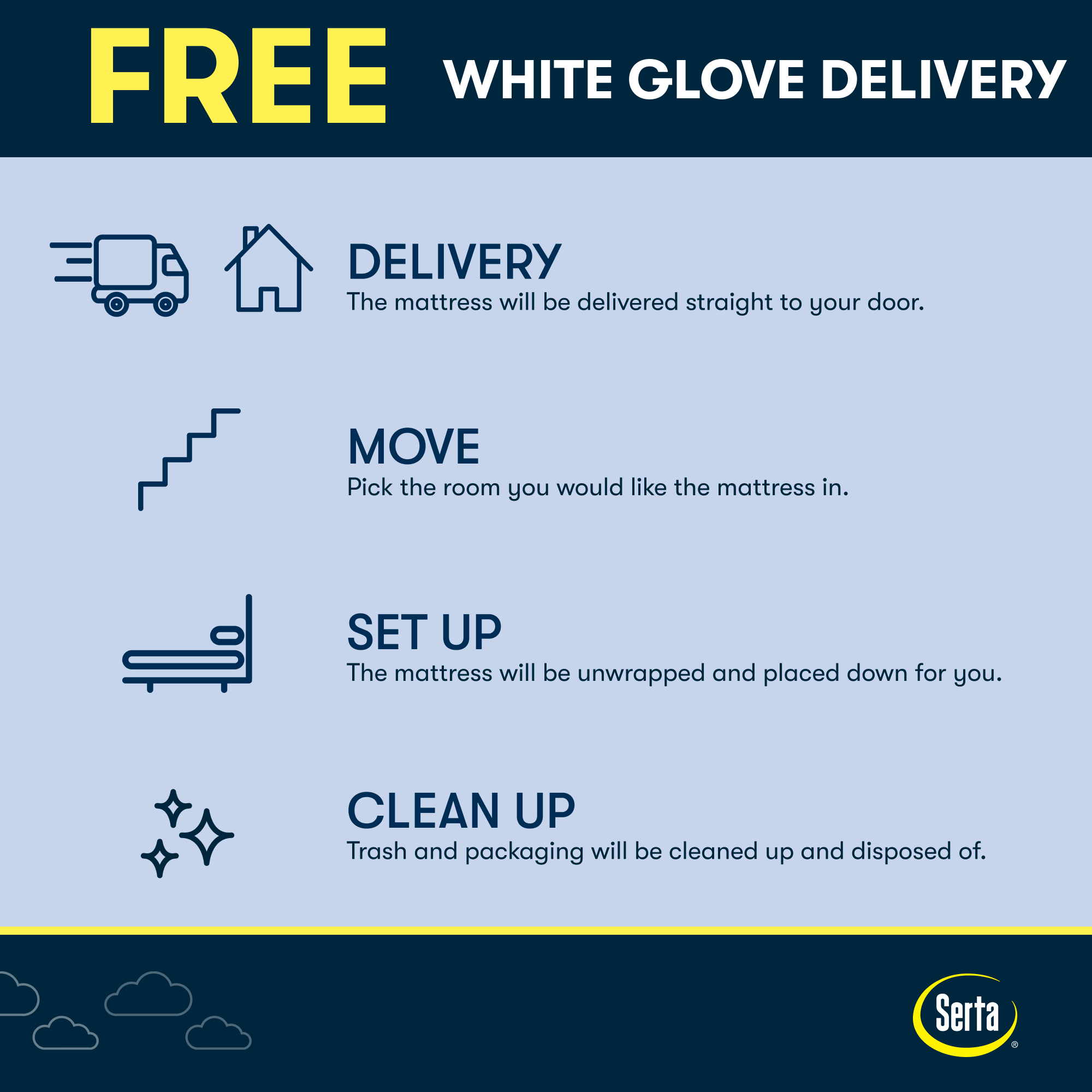 FREE WHITE GLOVE DELIVERY: The mattress will be delivered straight to your door.
MOVE: Pick the room you would like the mattress in.
SET UP: The mattress will be unwrapped and placed down for you.
CLEAN UP: Trash and packaging will be cleaned up and disposed of.
Serta.