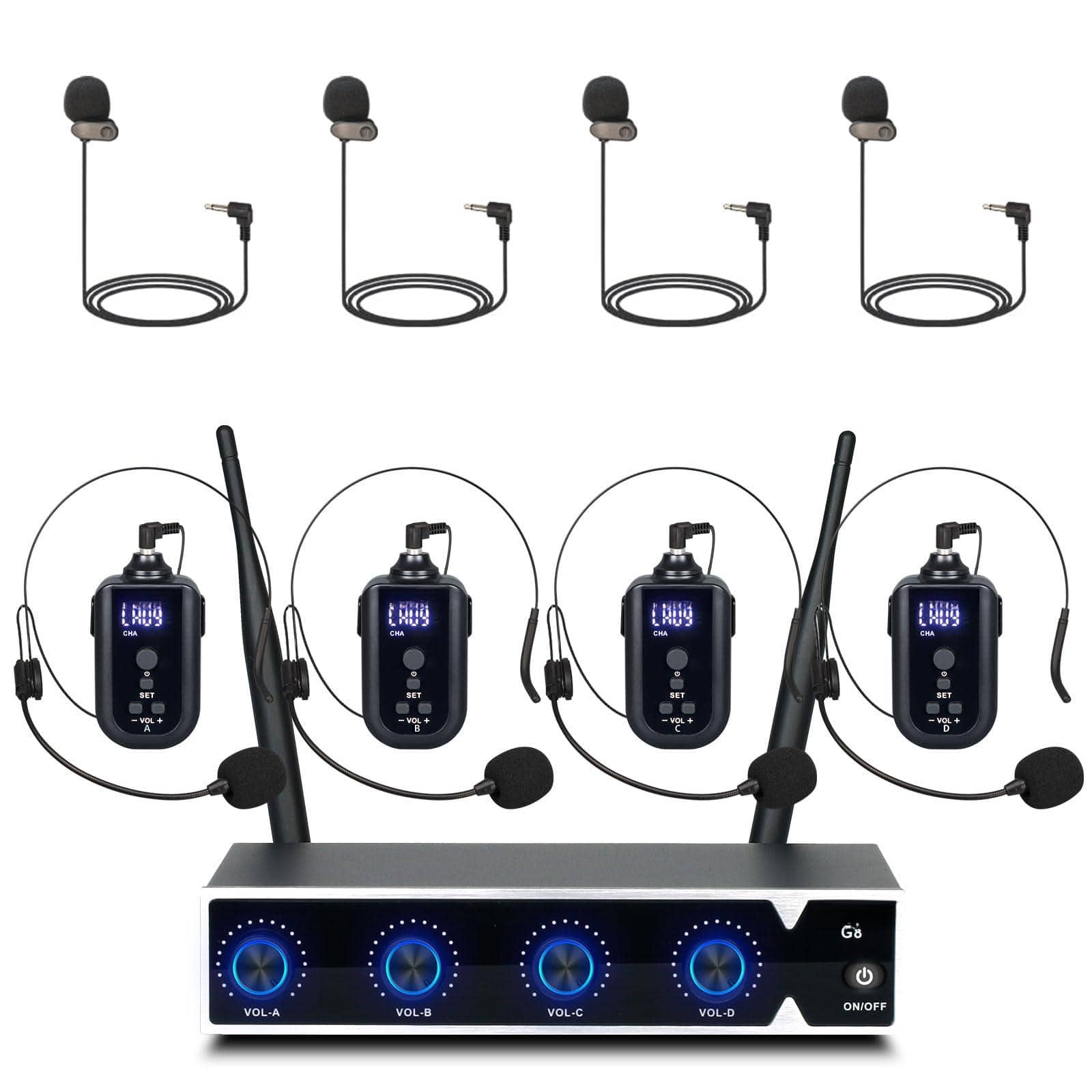 METALTON - Microphone System 4 Pro Uhf Metal Mics For Church Karaoke Singing With Echo Volume Control Frequency mu 898 - G8 Rechargeable 4 Bodypack