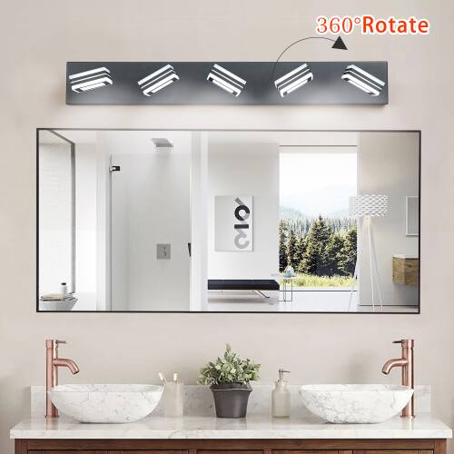 Alt View 3. LUCKY ONE - 32in Wall Mount LED Vanity Light, 5-Light Black Fixture with Square Acrylic Shades for Bathroom - Black.