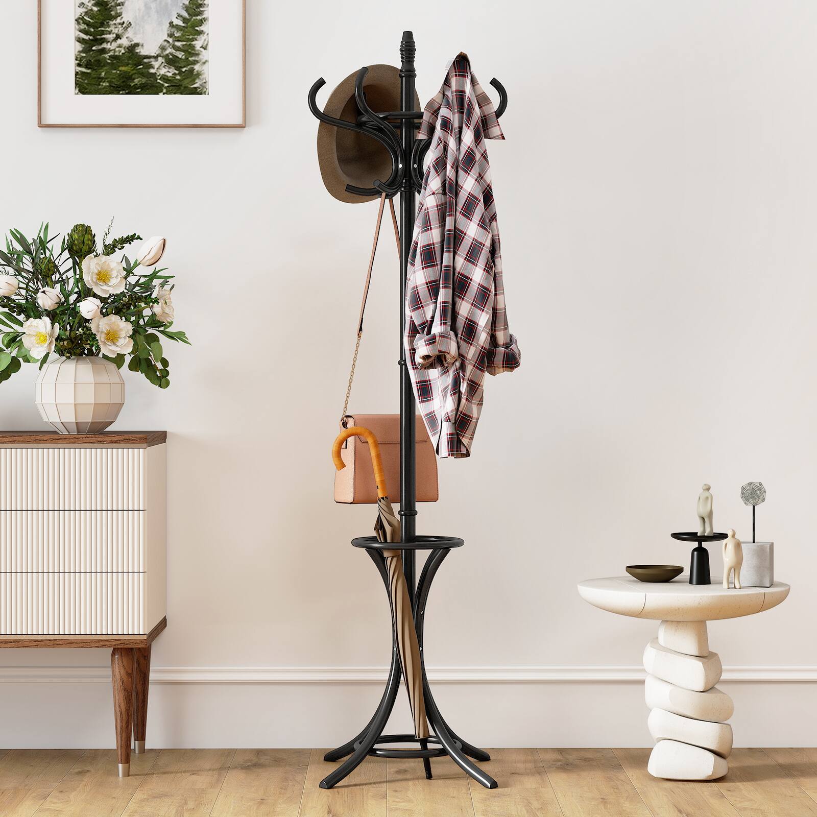 Alt View 4. Gymax - Gymax 73'' Freestanding Coat Hanger Stand Coat Rack w/ Umbrella Holder & 12 Hooks Oak - Black.