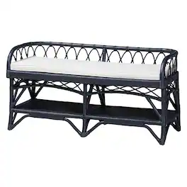 bali & pari - Leryn Natural Rattan Bench with Shelf - Navy Blue
