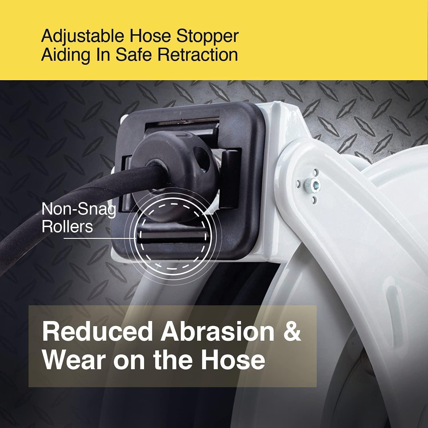 Adjustable Hose Stopper Aiding In Safe Retraction

Non-Snag Rollers

Reduced Abrasion & Wear on the Hose
